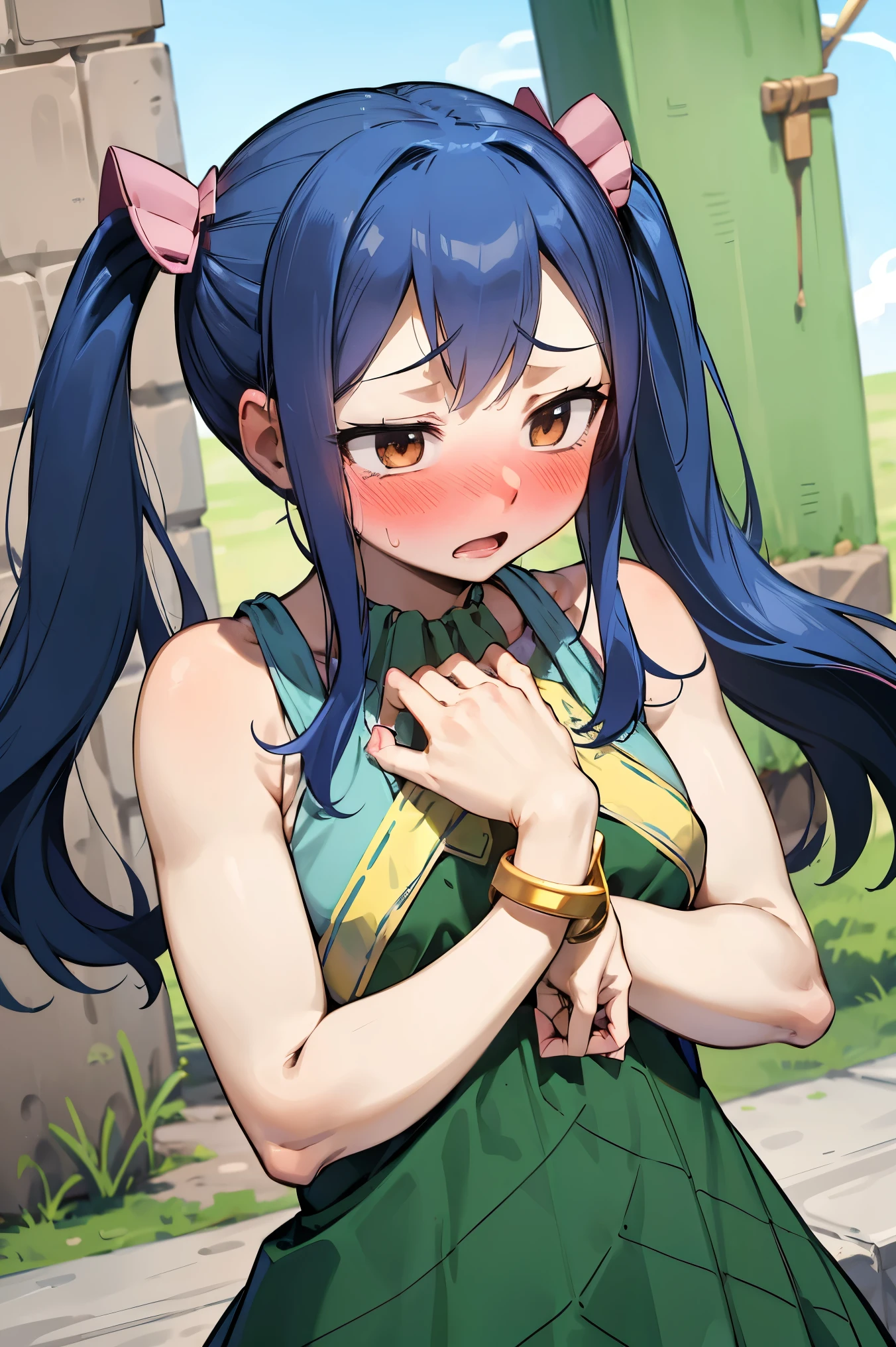 NSFW,masterpiece,Best Quality, Hi-Res, very detailed,Wendy\(Fairy Tail\), long hair、 twin tails、Hair accessories、Showing shoulders、Green Dress、 Sleeveless Dress 、Bracelet、 Bracelets,(Embarrassed:1.5),(blush:1.5)