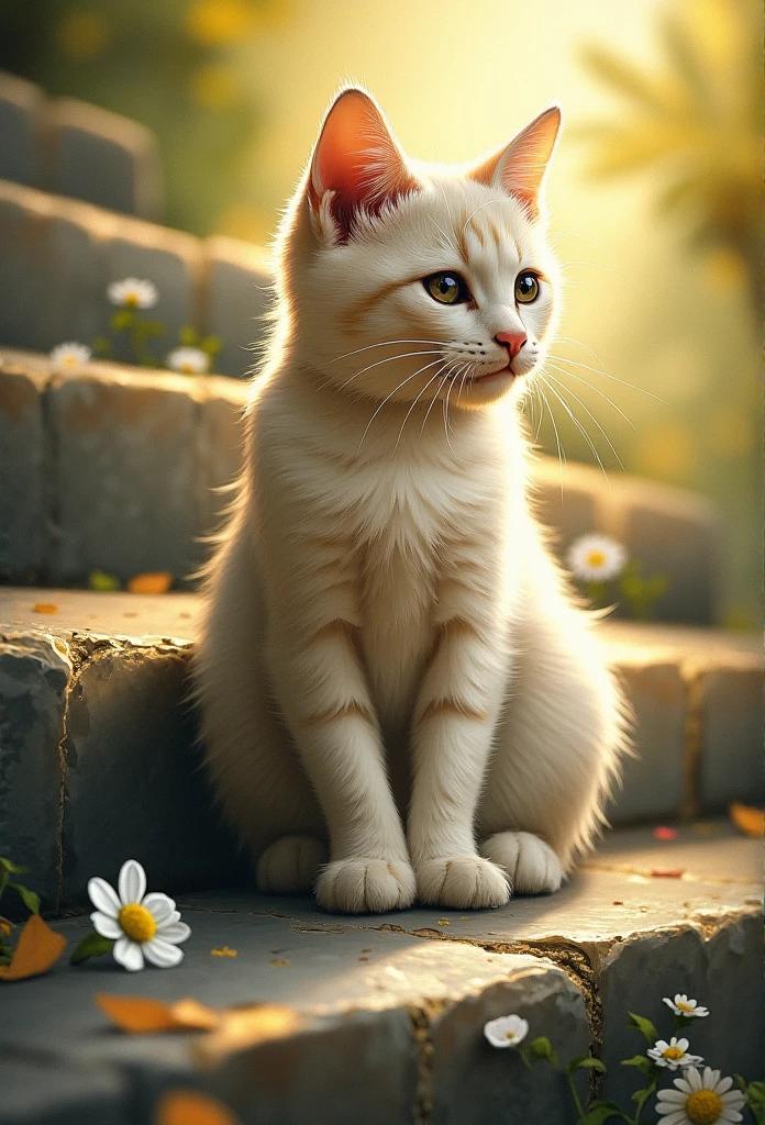  cute kitten on stone steps、Sensitive to good smells、Beard、Can see through light、 wrapping in the sun、 gold particles dancing 、  Vintage Oil Painting   、pure white flower stone step art 