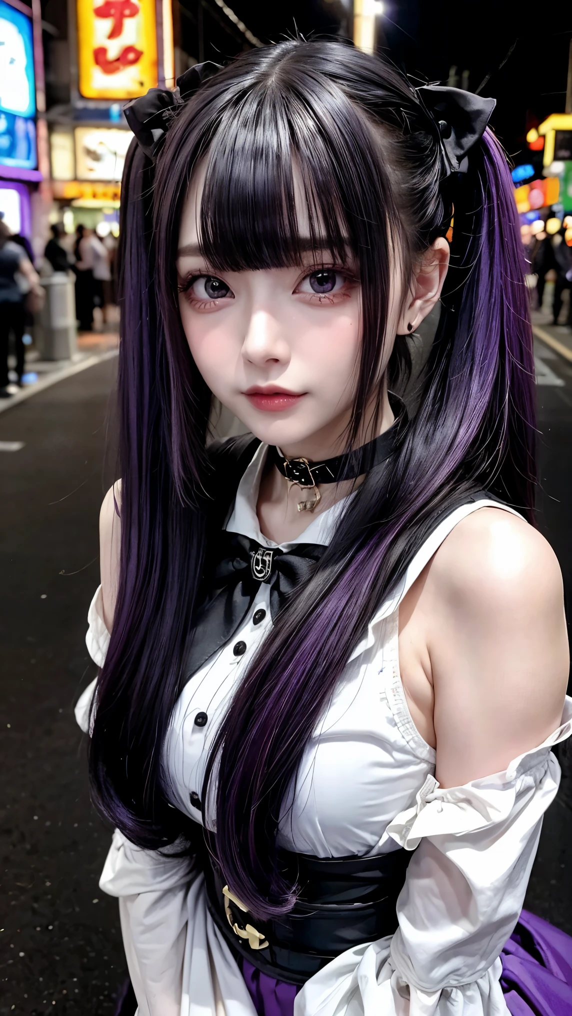 photo shoot, masterpiece, Best Quality, 8k,  Hi-Res,  Hi-Res,  absurd:1.2,  Kodak Portra 400,  film grain, Blurred Background, Bokeh:1.2,  lens flare , ( Vivid Colors:1.2), 1 girl,  purple eyes,  Movie Lighting、Purple and  Black Hair 、(Landmine Girl、 Heavy makeup)、( earrings for a woman alone、たくさんの earrings for a woman alone)、((Heavy makeup、,  growing skin  、  Realistic Skin Textures  、Beautiful Skin))、  Blue Movie Picture  、( full shot :1.8),Thin arms、Narrow shoulders、 thin waist、Slender body、(( small breasts)), whole body、 oversized t-shirt， gothic graffiti t-shirt ，gothic,Sailor collar，lottery，Bow tie，Lace skirt，lottery short dress ，  choker,cross， twin tails， Long Sleeve ，alternate hair color， Purple and Black Multicolor Hair ,{{{alternate hair color}}}, Purple Hair, Black Hair ,{{{ purple streaked hair ,}}},Date in Shinjuku at night ,(Movie theater date :1.3)