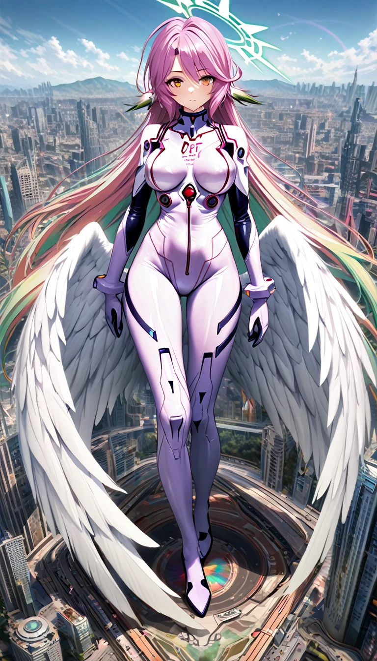 jibril,(big breast),(big white wing),(angel wing),(glamorous),full body,(girl towering over miniature city),front view,plugsuit,latex bodysuit,shiny bodysuit,colorful hair,halo,sharp focus,extremely detailed CG,expressionless,realstic,(mechanical ear),standing