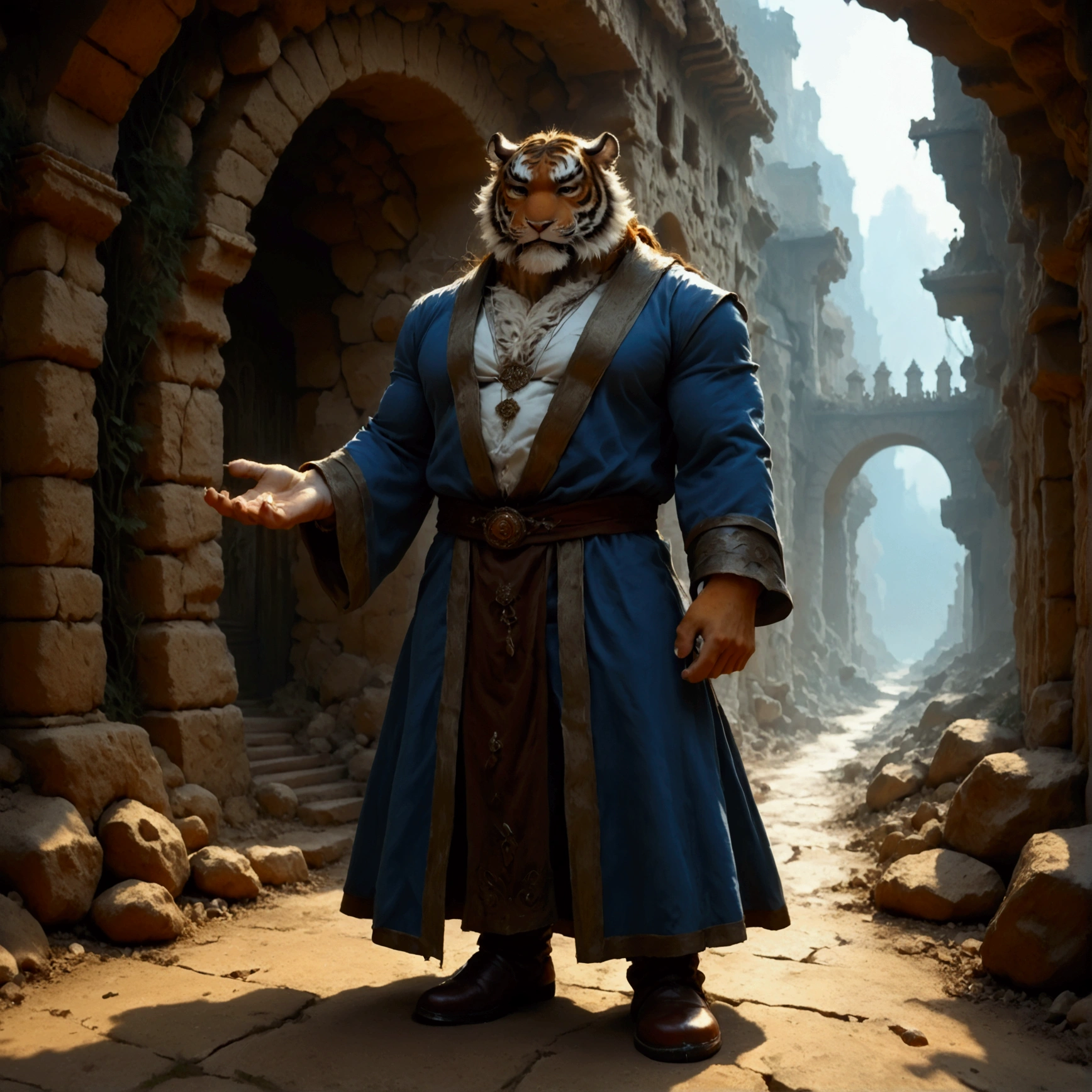 character focus, full body, looking away, dynamic angle, european fantasy, wizard, a muscular middle-aged tiger man, heroic costume clothes, robe, shirt, pants, casting thunder magic, spark effect, dynamic pose, BREAK complete anatomy, perfect proportions, beautiful thigh gap, fluffy body, intricate fur details, beautiful fur texture, BREAK a detailed tiger 1tail, detailed boots, detailed foot, detailed hands, 5fingers, 5fingers nails, BREAK aesthetic anime face, insanity detailed face, male face, big face, square jawline, aesthetic anime eyes, detailed brown eyes, detailed brown cornea, detailed dark brown irises, detailed pupils, male eyes, big eyes, male eyebrows, innocent look, beautiful beard, BREAK full body in Michelangelo Buonarroti style, digital illustration anime, housamo style, detailed painting landscape, moonlit night, old castle, path, outdoor, full color, HDR, BREAK masterpiece, official art, best quality, very aesthetic, absurdres, super fine illustration, great quality, BREAK noise reduction, very highres, large filesize, high quality, 32K, 8k wallpaper, dynamic lighting, BREAK insanity detailed, ultra detailed, intricate details, extremely detailed, detailed texture, an extremely delicate and beautiful, BREAK osukemo, e621 illustration, kemohomo, anthropomorphic, furry, cartoon, harmonious body, pastoral face, virtuous eyes, epic atmosphere