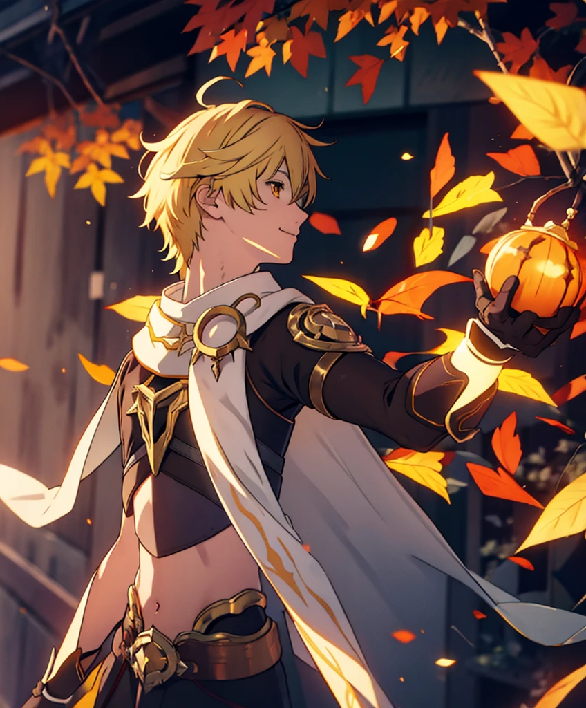 hd images, detailed, csm anime style, aether 1boy male focus blonde hair yellow eyes ahoge hair between eyes,aether \(genshin impact\)
1boy
solo
cape
earrings
jewelry 
gloves
midriff, smile
navel
scarf, walking,