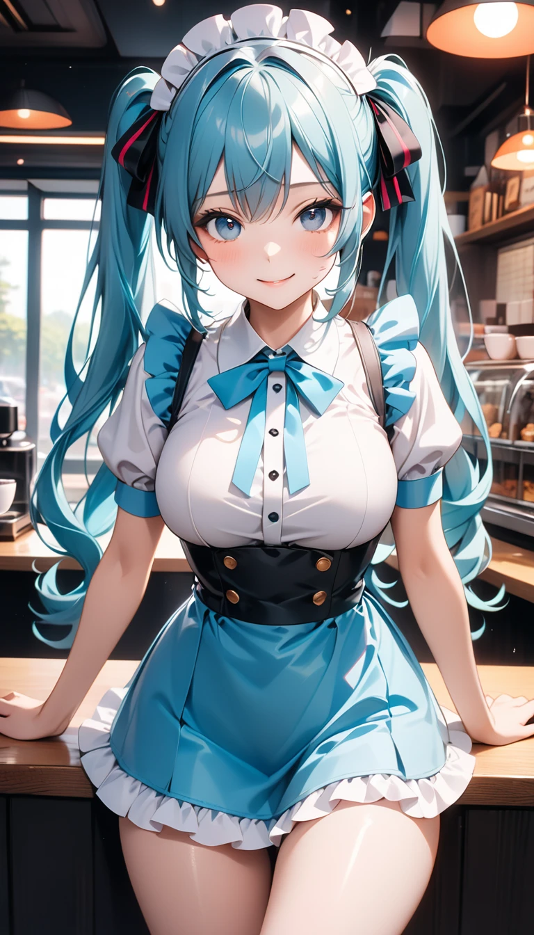  Hatsune Miku、 Blue Twin Tails、Vivid Colorsolo , masterpiece, Best Quality, Best Quality, 16k,  unbelievably weird,  Very Detailed, 2.5D, AI-generated, Delicate and dynamic,  Very delicate facial expression, Delicate eye depiction,, Only sexy woman, ((A cute and kind face)), Healthy body shape, ((25-year-old woman)), Height: 160cm,Super Breasts , (( thin thighs)),   (( shiny )),  facing the viewer, smile, maid clothes、Coffee shop(Dutch Corner),