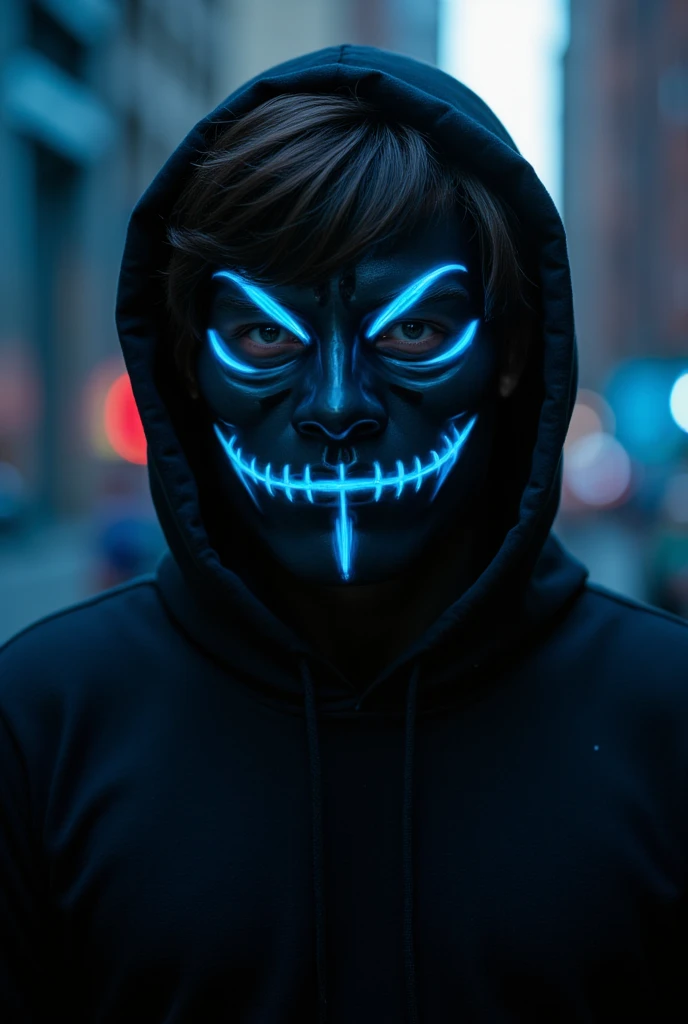 Cyberpunk mask Design a close up of a person wearing a mask in a dark room, glowing eyes, in an alleyway during the purge, elaborate lights. mask on face, glowing blue face, cyberpunk face, cyberpunk hacker, hacker, glowing-eyes-and-mouth, ghost mask, anonymous mask, ghost neon, anonymous, masked