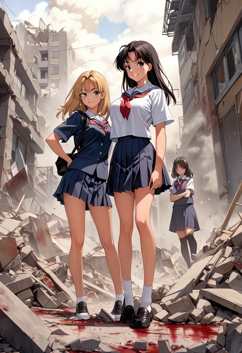 two beautiful girls,Large Breasts,Long legs,smile,school uniform,rubble,Dust cloud,blood,1990s