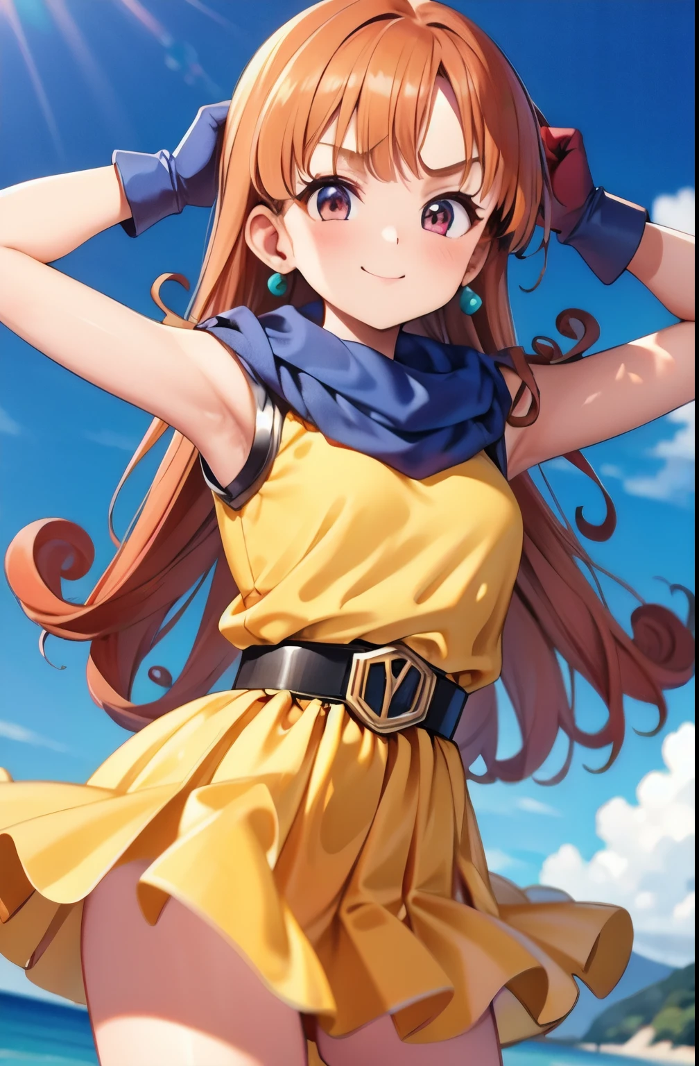 masterpiece, Best Quality, Super detailed, Illustration, _(dq3), 1 of 1７ year old girls,  turns her arms behind her head、Both arms raised、side、Above the chest composition、Being at the beach、 sleeveless、smile、Embarrassed、 yellow clothes 、 Yellow Skirt 、Thin eyebrows