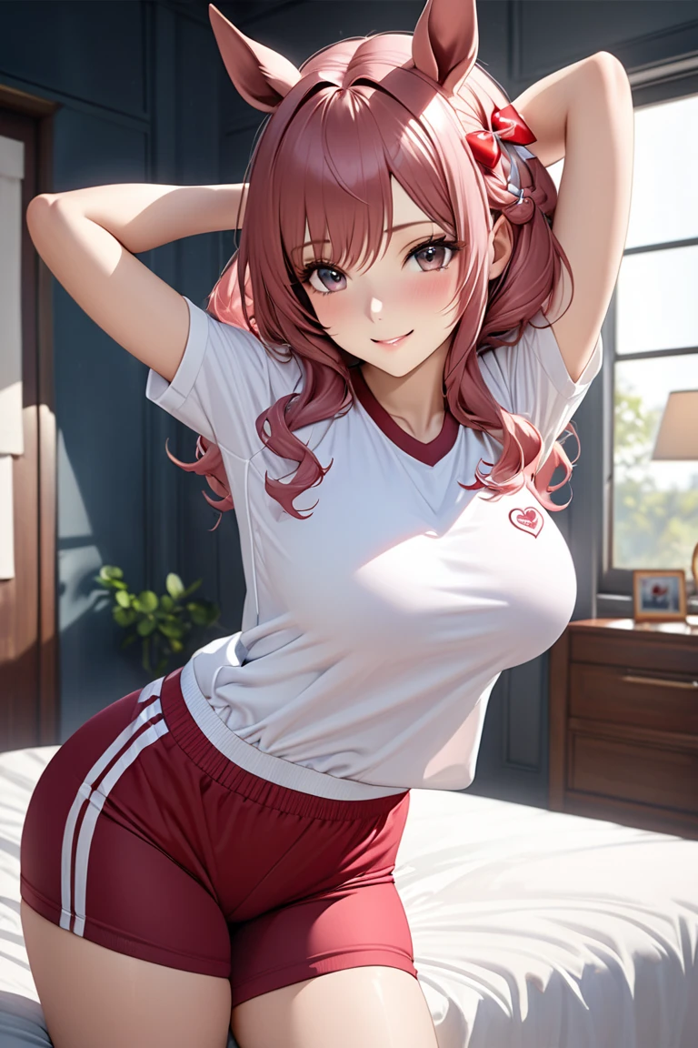 A woman posing at bed room and heart hair accessory, Enchanting anime girl, Realistic,masterpiece,gentildonna,Tucked up, shy,seductive smile,white gym uniform,red buruma,large breast,slim hip,hands behind head,horse ear,leaning back,open stance