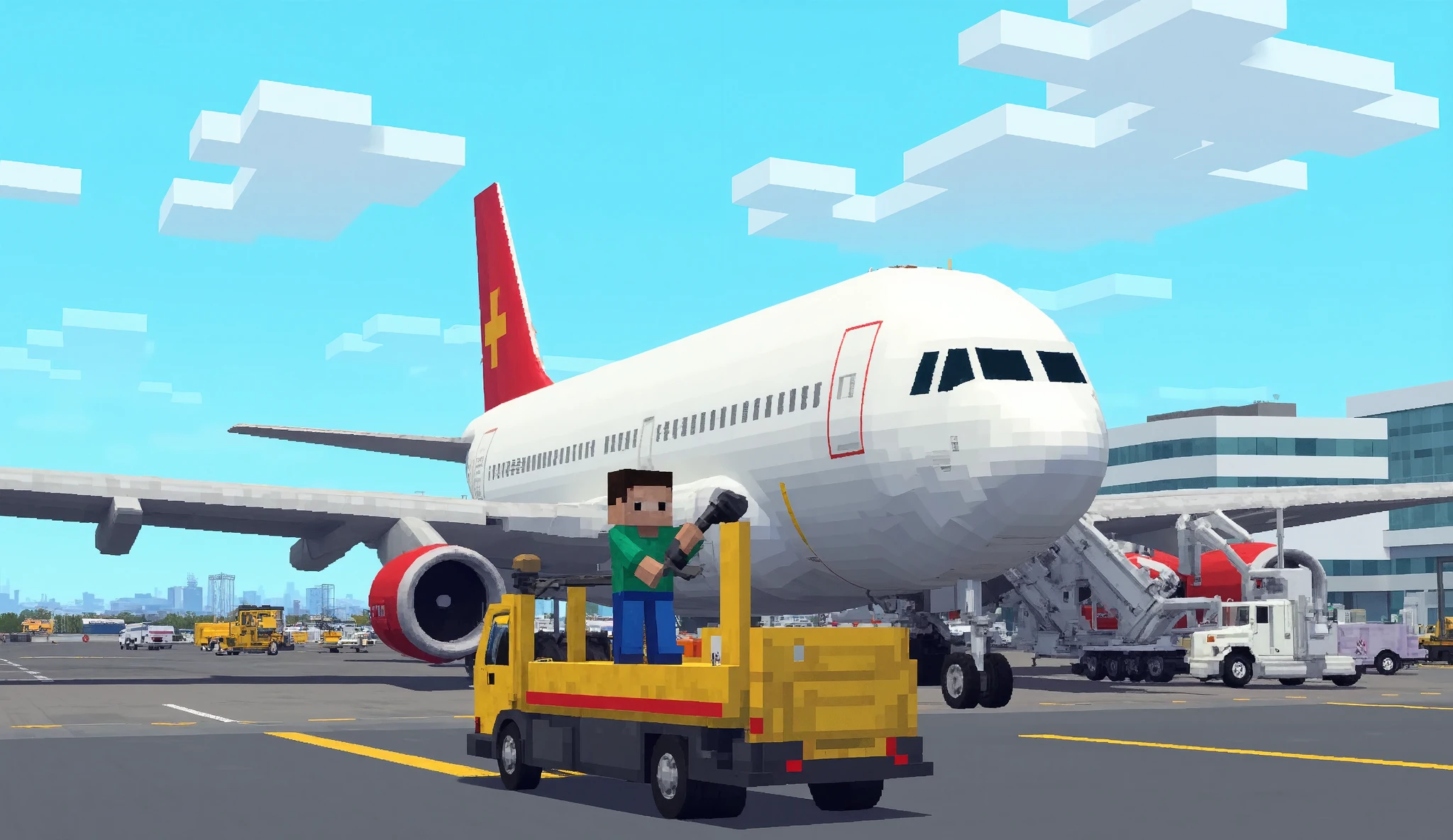 (masterpiece:1.2, best illustration,Super detailed),( Minecraft :2.0),( High Quality Voxel Art :2.0),( Voxel-based World  :2.0),( Jumbo Jet Closeup:2.0),(International Airport:2.0),(dynamic),( Rear View of a Mechanic Guiding an Airplane :2.0),( Maintenance Vehicle :2.0),( Vivid Colors:2.0),(cute:2.0),( Minimalist   :2.0),(  pixel art:2.0)