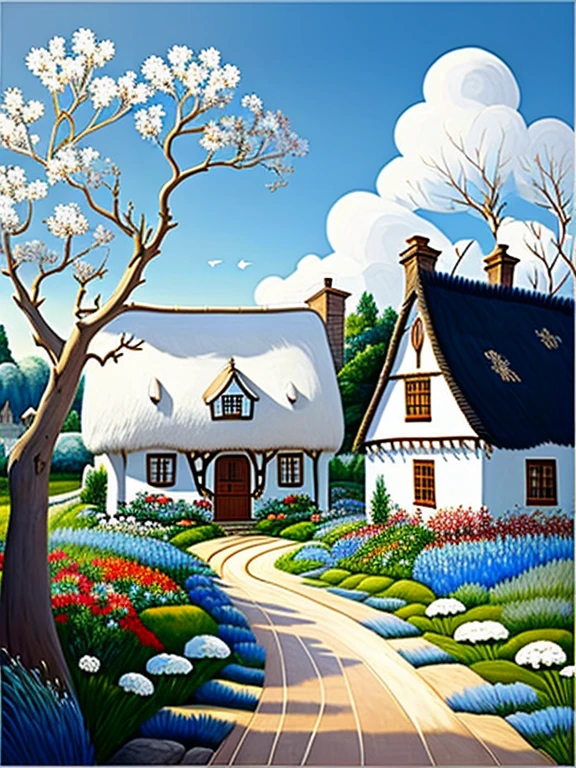  traditional house painting in medieval England 、Fairy tale、Vivid picture、Bright white house 、 The contrast between the brown and white walls in the timber frame is beautiful。English thatched cottages、Flowers surrounding the house 々、 The hill that extends beyond the backyard 、 I can see sheep the size of a sesame seed in the distance。 Bright Blue Skies  