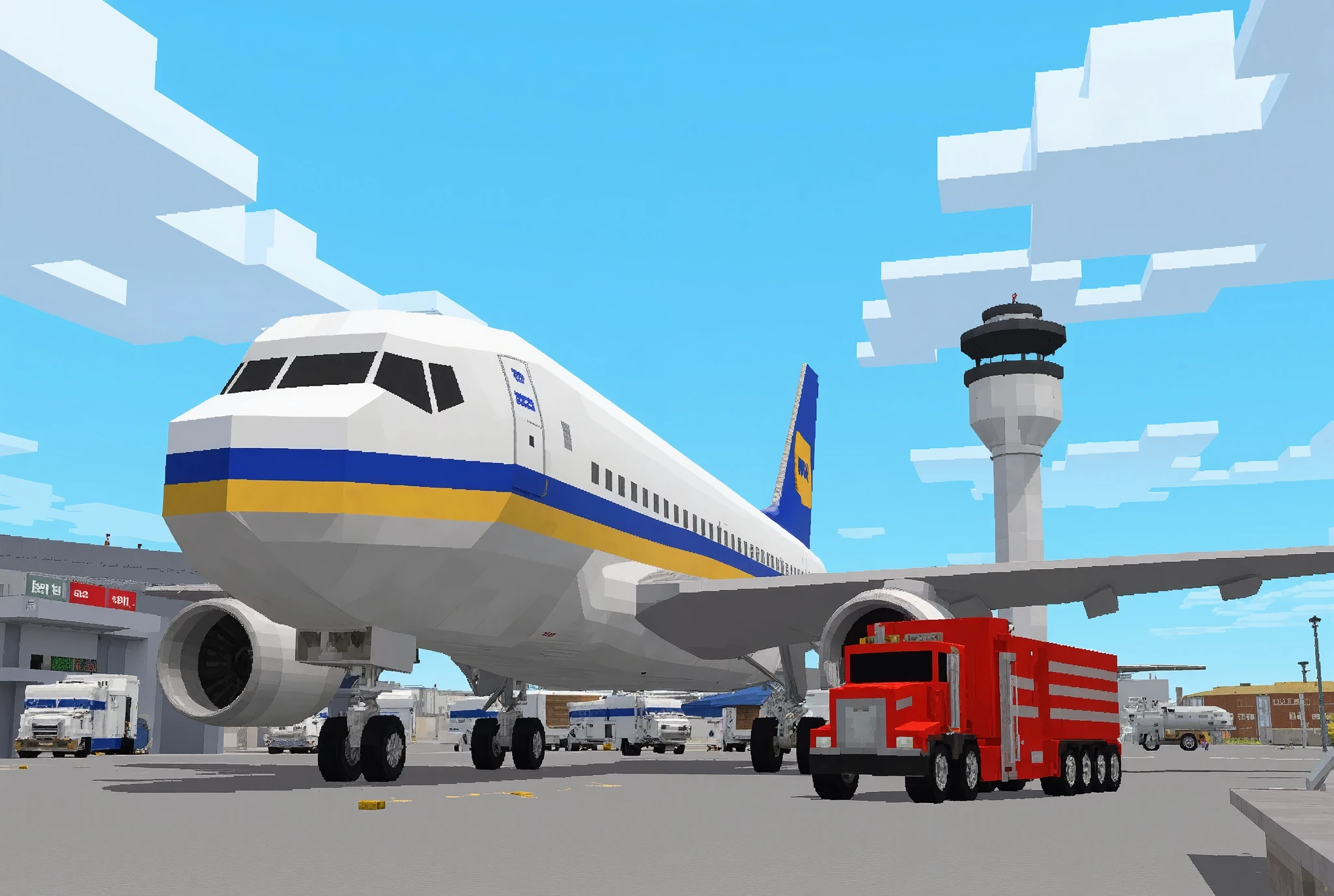 (masterpiece:1.2, best illustration,Super detailed),( Minecraft :2.0),( High Quality Voxel Art :2.0),( Voxel-based World  :2.0),( Jumbo Jet Closeup:2.0),(International Airport:2.0),(dynamic),( Rear View of a Mechanic Guiding an Airplane :2.0),( Maintenance Vehicle :2.0),( Vivid Colors:2.0),(cute:2.0),( Minimalist   :2.0),(  pixel art:2.0)