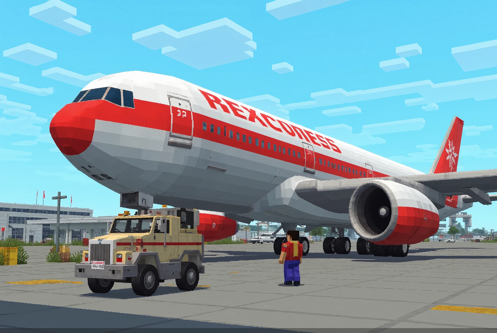 (masterpiece:1.2, best illustration,Super detailed),( Minecraft :2.0),( High Quality Voxel Art :2.0),( Voxel-based World  :2.0),( Jumbo Jet Closeup:2.0),(International Airport:2.0),(dynamic),( Rear View of a Mechanic Guiding an Airplane :2.0),( Maintenance Vehicle :2.0),( Vivid Colors:2.0),(cute:2.0),( Minimalist   :2.0),(  pixel art:2.0)