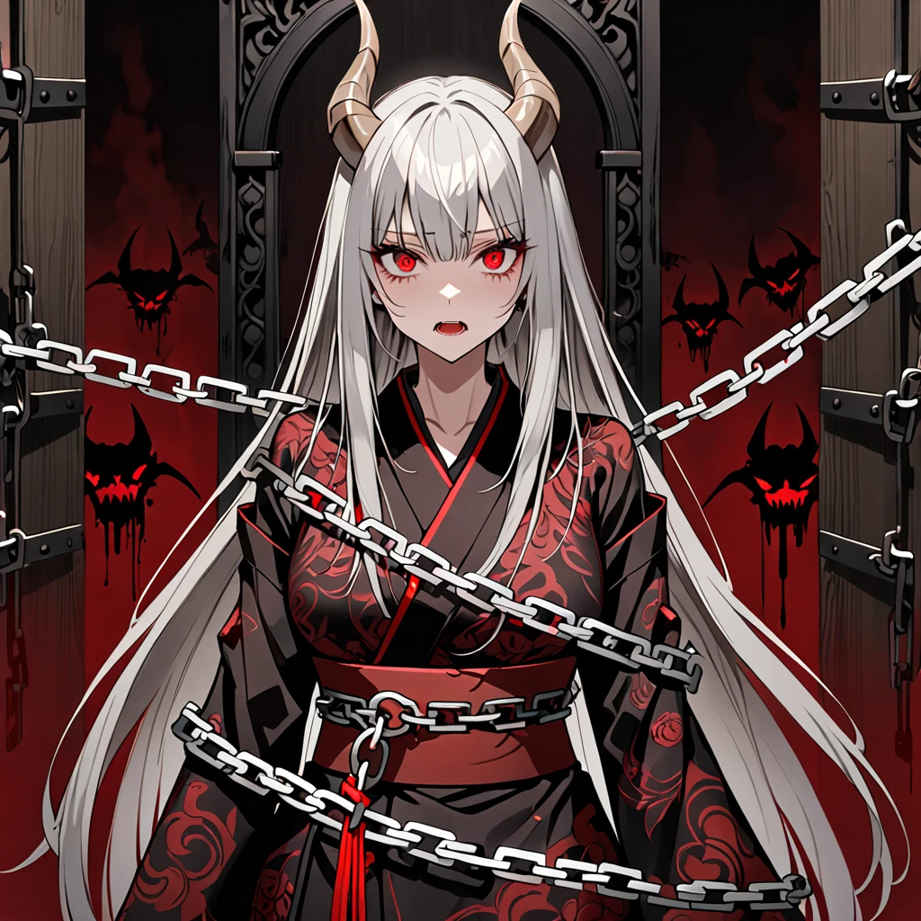  one woman, Female Female, Devil's little horn,  dark luxurious kimono, Gray Hair, Long Hair,  Medium Chest ,  clevis:0.3, red eyes, A chain is wrapped around it,  have been detained,  straight hair, feminine,  yandere, Madness, Murderous Intentions and Climax , Pathological Trance,   Broadshoulders , Big women, Bizarre, Unreasonable