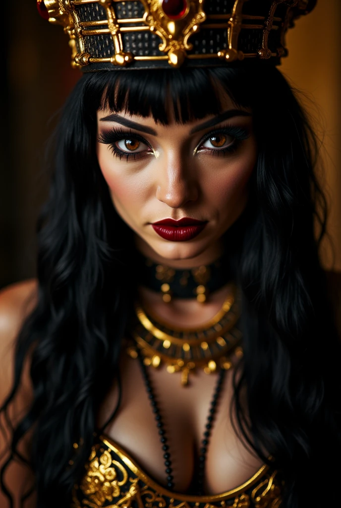 extreme closeup,petite, human Egyptian vampire queen,fangs,  goddess ,golden dress, black hair, Neferata ,evil, seductive, bangs, grim dark , fantasy, Warhammer, powerful,night time, darkness, dim light, , expensive jewelry, dark make up, black and gold, volumetric lighting,, beautiful face, detailed face, realistic fangs, mouth open