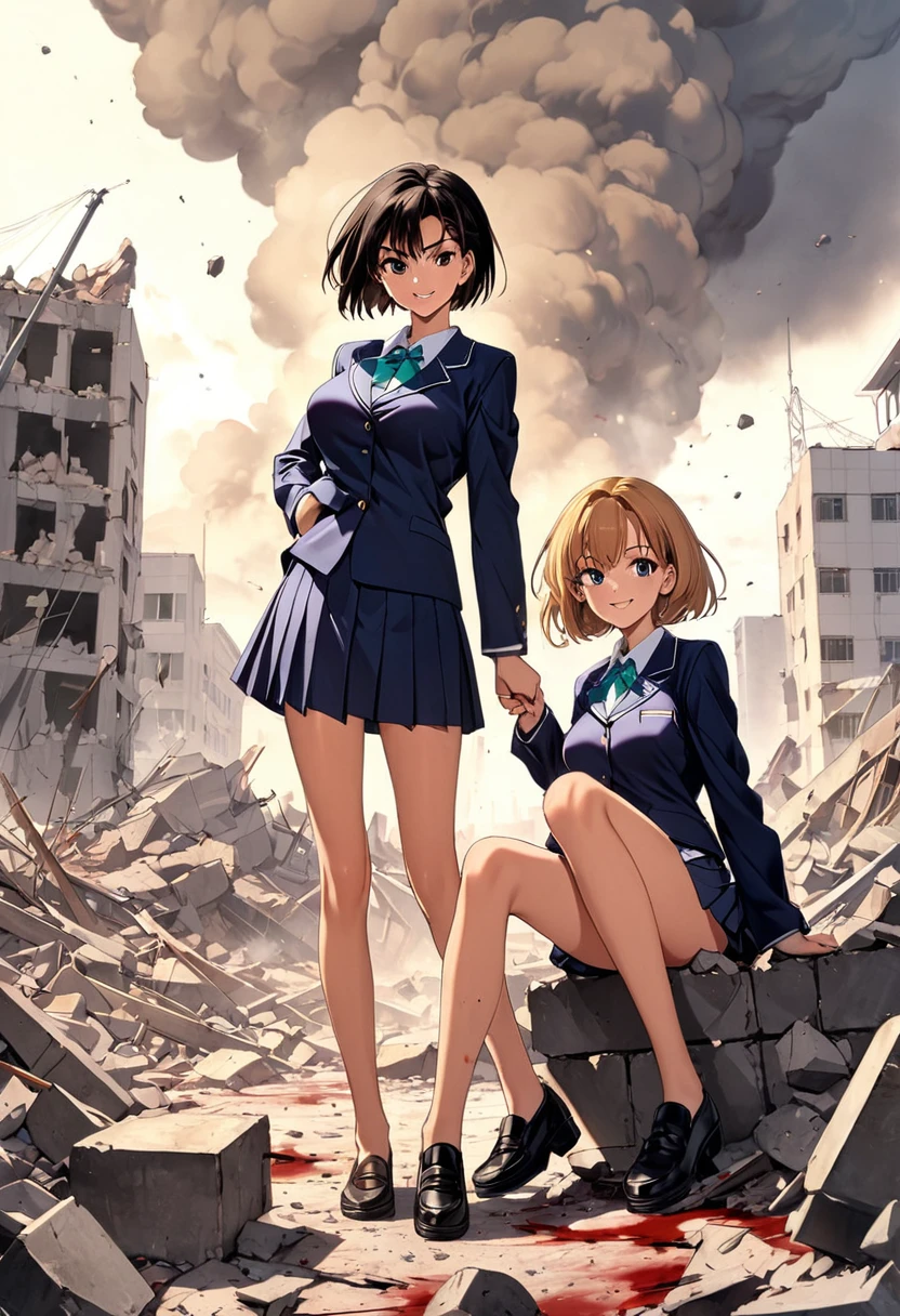 two beautiful girls,Large Breasts,Long legs,smile,short hair,school uniform,rubble,Dust cloud,blood,1990s