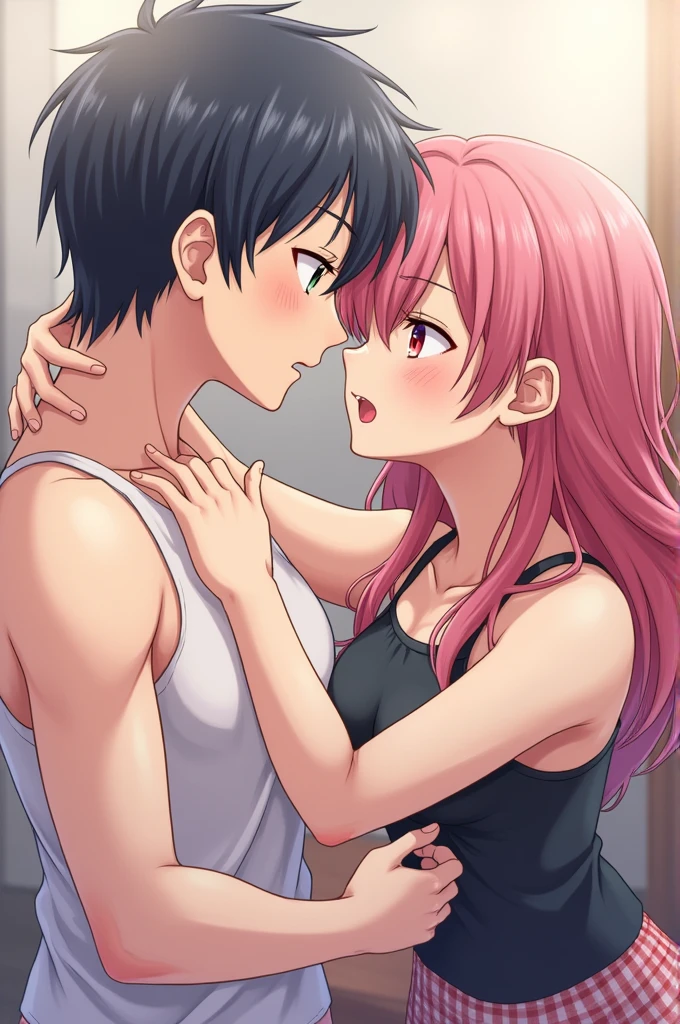 masterpiece (((1 man))) 1 girl, male and female, pink hair, long hair, green eyes, big breasts, big nipples, NSFW  (orgasm) (heart eyes) ((A man fondles a woman&#39;s breasts from behind)) Breast Grabbing Naked (((deep kiss)))
