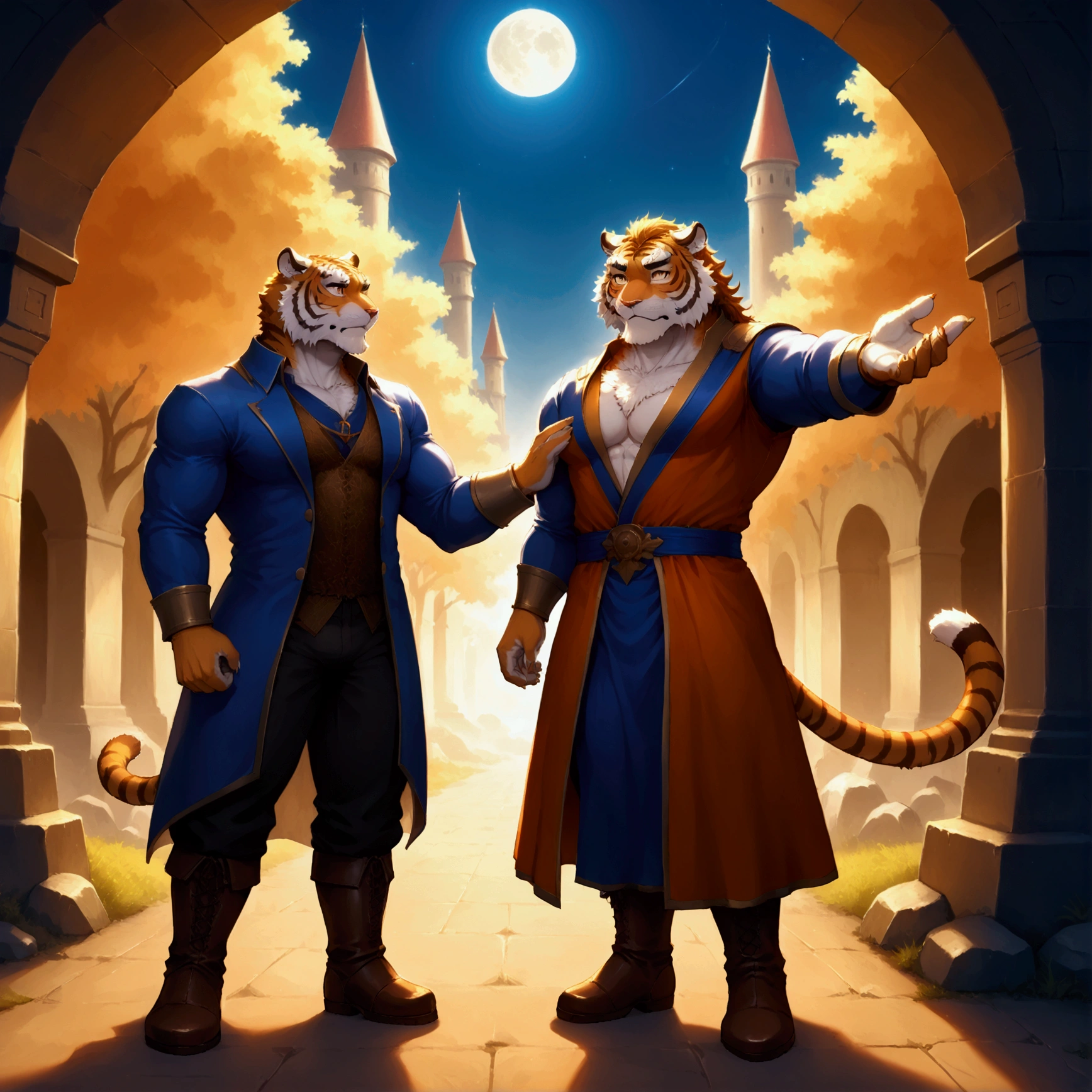 character focus, full body, looking away, dynamic angle, european fantasy, wizard, a muscular middle-aged tiger man, heroic costume clothes, robe, shirt, pants, casting thunder magic, spark effect, dynamic pose, BREAK complete anatomy, perfect proportions, beautiful thigh gap, fluffy body, intricate fur details, beautiful fur texture, BREAK a detailed tiger 1tail, detailed boots, detailed foot, detailed hands, 5fingers, 5fingers nails, BREAK aesthetic anime face, insanity detailed face, male face, big face, square jawline, aesthetic anime eyes, detailed brown eyes, detailed brown cornea, detailed dark brown irises, detailed pupils, male eyes, big eyes, male eyebrows, innocent look, beautiful beard, BREAK full body in Michelangelo Buonarroti style, digital illustration anime, housamo style, detailed painting landscape, moonlit night, old castle, path, outdoor, full color, HDR, BREAK masterpiece, official art, best quality, very aesthetic, absurdres, super fine illustration, great quality, BREAK noise reduction, very highres, large filesize, high quality, 32K, 8k wallpaper, dynamic lighting, BREAK insanity detailed, ultra detailed, intricate details, extremely detailed, detailed texture, an extremely delicate and beautiful, BREAK osukemo, e621 illustration, kemohomo, anthropomorphic, furry, cartoon, harmonious body, pastoral face, virtuous eyes, epic atmosphere