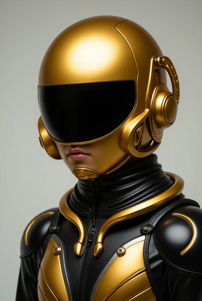 a close up of a person wearing a black suit and a gold helmet, daft punk, daft punk style, portrait of daft punk, shovel knight as daft punk, he wears dark visors, liquid gold, sleek gold armor, gold and black metal, gold and black blu, sleek metal head, gold helmet, draped in shiny gold and silver, a man wearing golden mask