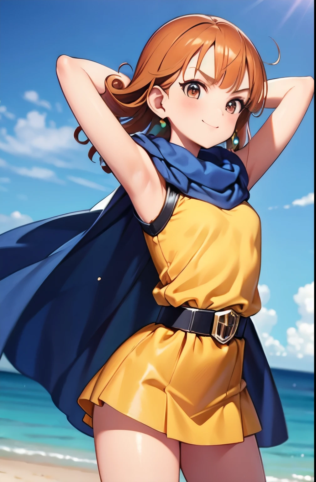 masterpiece, Best Quality, Super detailed, Illustration, _(dq3), 1 of 1７  girls,  turns her arms behind her head、Both arms raised、 short hair、smile、 medium chest、side、Above the chest composition、Being at the beach、 blue cloak、 sleeveless、Embarrassed、 yellow clothes 、 yellow miniskirt、V-shaped thin eyebrows