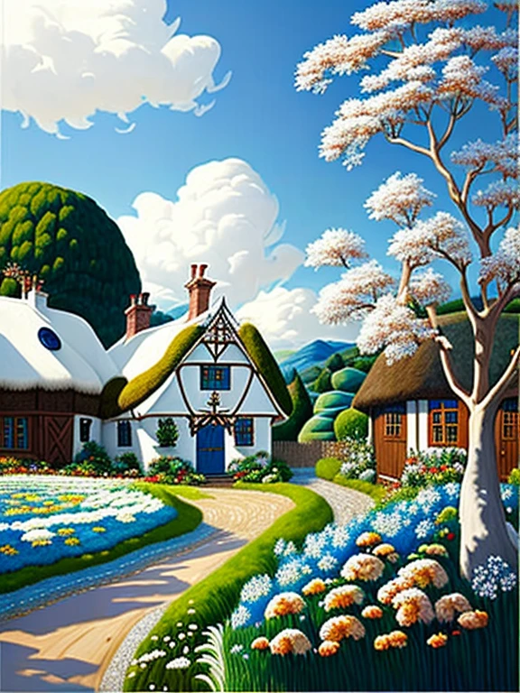  traditional house painting in medieval England 、Fairy tale、Vivid picture、Bright white house 、 The contrast between the brown and white walls in the timber frame is beautiful。English thatched cottages、Flowers surrounding the house 々、 The hill that extends beyond the backyard 、 I can see sheep the size of a sesame seed in the distance。 Bright Blue Skies 