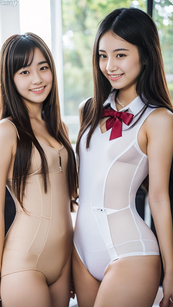 (8k, RAW Photos,Best Quality, High resolution:1.1), (Ultra-realistic:1.9),(Realistic, Realistic:1.9), (Japanese cute Girls:1.5),whole body、(Glowing Skin:1.3),(teen:1.5)(shy face:1.*****ung:1.5)(flat chest:1.9)Cute Core,ponytail,(petite:1.5)(very cute:1.5)(cute:1.6)masterpiece, highest quality,blush,smile,(perky breasts:1)(high school girls:1.5)(18 years old:1.5)(school uniform:1),(leotard:1.5)(2 girls:1.5)(multiple girls:1)full body,cameltoe