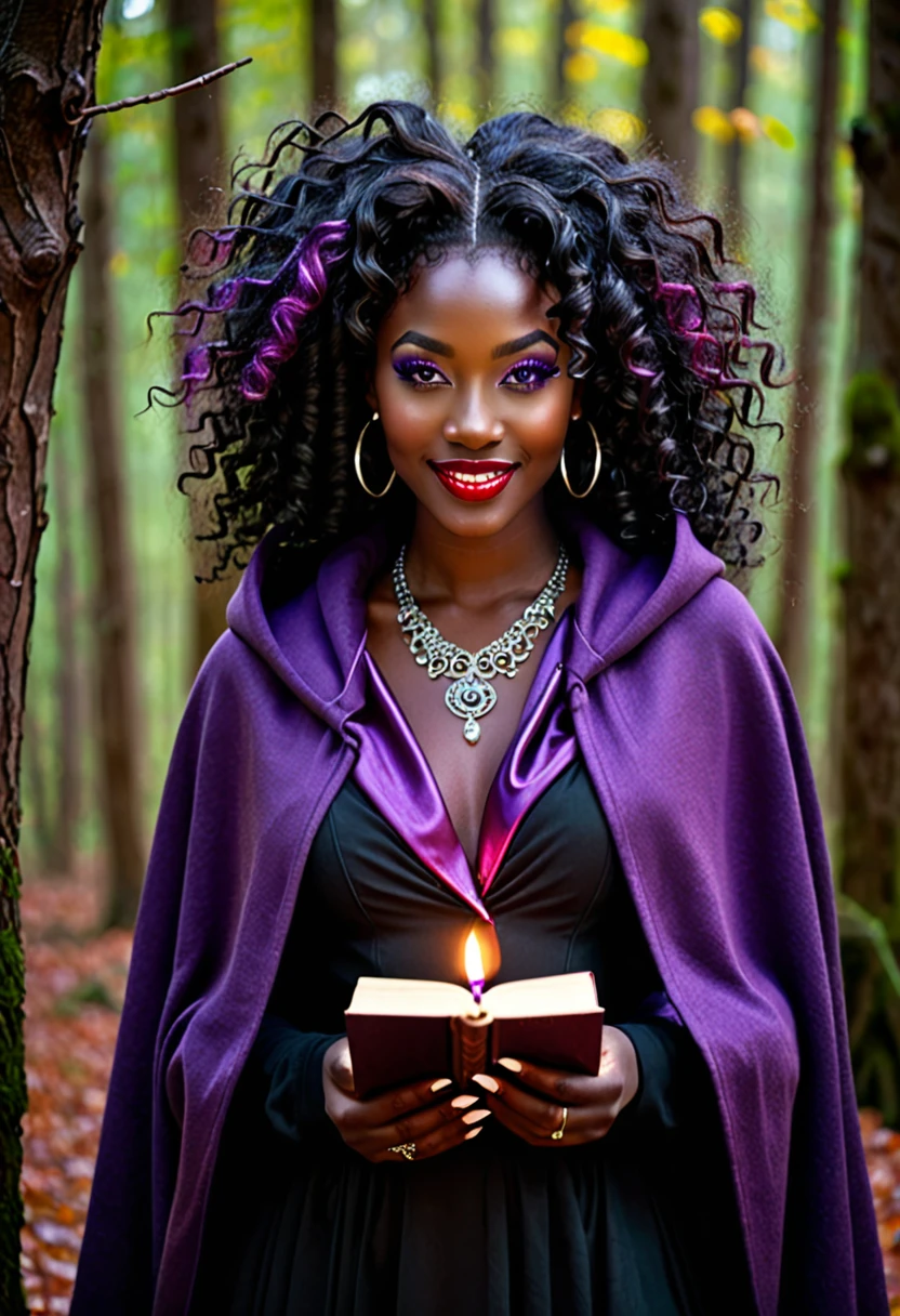 witch, Extremely attractive woman, dark black skin, African ethnicity,  wearing a black dress with colorful details,  voluminous and glamorous curly hair ,  wearing a silver brooch around the neck , violet eyes, thick lips, defined jaw, Rectangular face, wearing purple hoodie and cloak ,  holding an old book with leather cover,  cauldron of spells in the background ,  in a forest at night , young woman,  30 years old , enigmatic smile, Alone,  high resolution image, Blush, Necessary, HD model,  high quality,  Textured Skin, smile, pale, brilliance, halftone, chiaroscuro, Excited. red lips,  twinkling pupils, Cinematic, Gothic art,  Hyper-Realism , photorealism, 