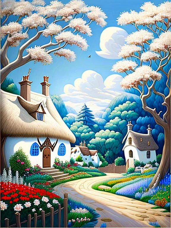  traditional house painting in medieval England 、Fairy tale、Vivid picture、Bright white house 、 The contrast between the brown and white walls in the timber frame is beautiful。English thatched cottages、Flowers surrounding the house 々、 The hill that extends beyond the backyard 、 I can see sheep the size of a sesame seed in the distance。 Bright Blue Skies 