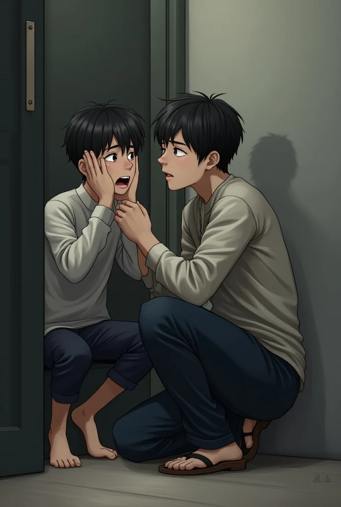 Please draw the profile,Please draw the boy's whole body,Skinny Boy,Frightened,is crying,Mouth wide open,Naked Boy,penises,posterior view,Dripping sweat,Licking the floor,short-haired,A dark-haired,