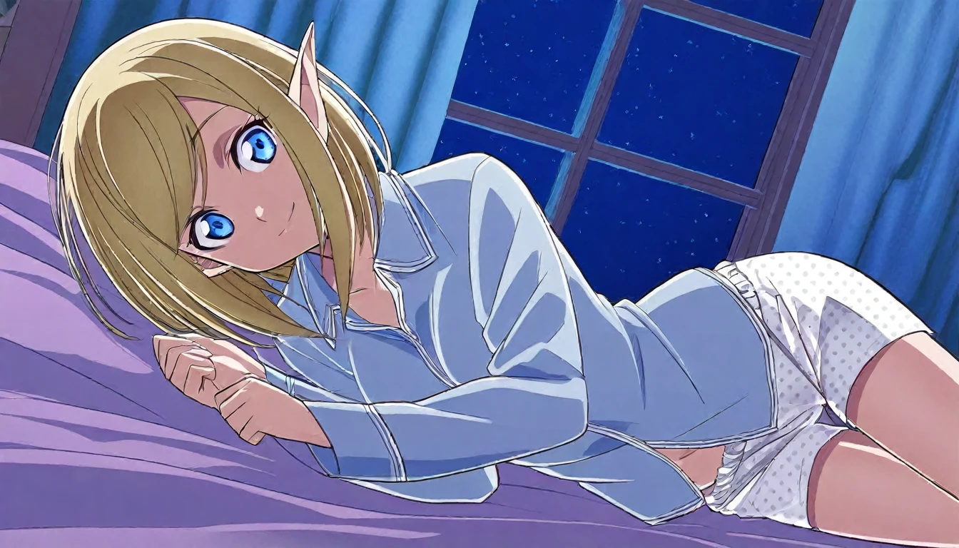 ((kuroda_kazuya style)), 1girl, skinny, medium breast, curves, blonde hair, bob hair, (medium hair), skinny, blue eyes, sidelocks, (pointy ears), swept bangs, light blue pajama, white polka dot pajama, pajama collared shirt, pajama pants, long sleeves, lying on bed, on side, window, night, (romantic), masterpiece, best quality, very aesthetic, highres, absurdres, sensitive