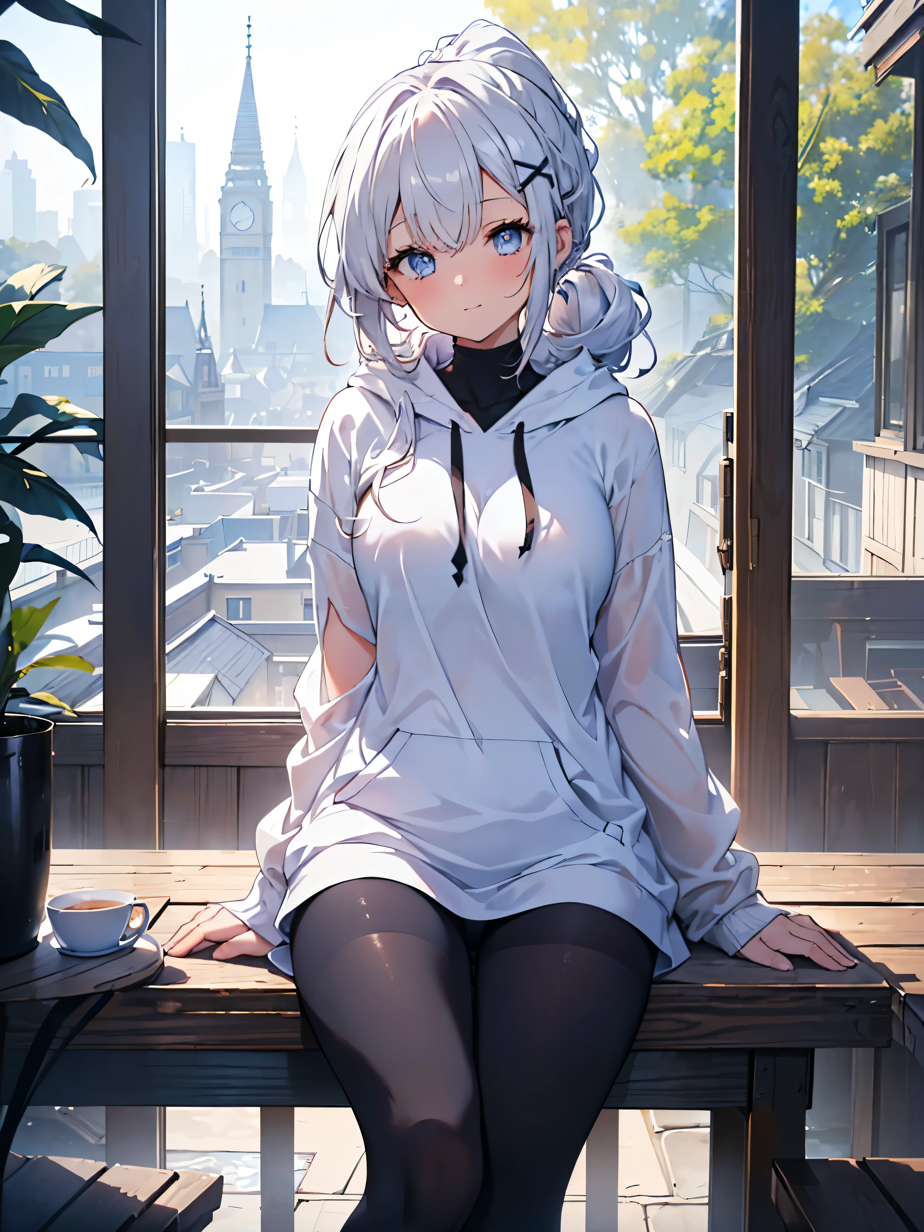  one girl , Curly Ponytail, smile,  blue eyes , Wear a white hoodie, (terrace）, (（morning）), masterpiece, 8k,  Full Photo, The perfect outfit,  perfect anatomy, Sharp resolution,  shallow depth of field ,  Soft Shadow ,  casual and relaxed atmosphere , Natural light pours in, Hair clip, Beautiful breasts、Black tights、20 years old