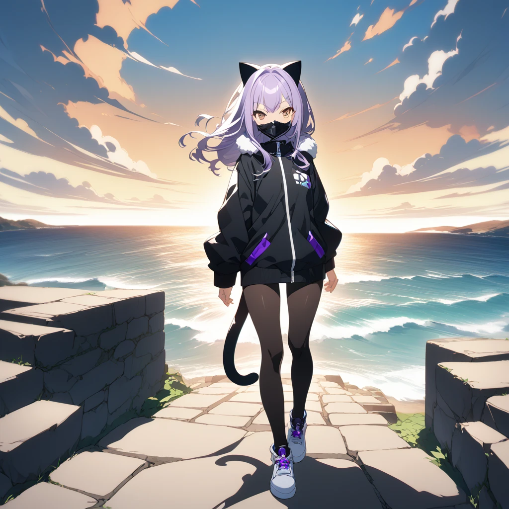 score_9, score_8_up, score_7_up, source_anime, solo, Nekomata, from Shin Megami Tensei. stone steps with a view of the sea, yellow cat eyes, black mask, cat tail and very short white fur jacket, tight all-over black tights under short white fur jacket, cat claws, Brown Hair, one-side-parted hair, anthropomorphic female cat, digital colorful landscape, leading to a beautiful view. Seductive female-panther pose, Toon Shader Rendering, 2D illustration, kanekostyle, Stylish graphic design, by Kazuma Kaneko