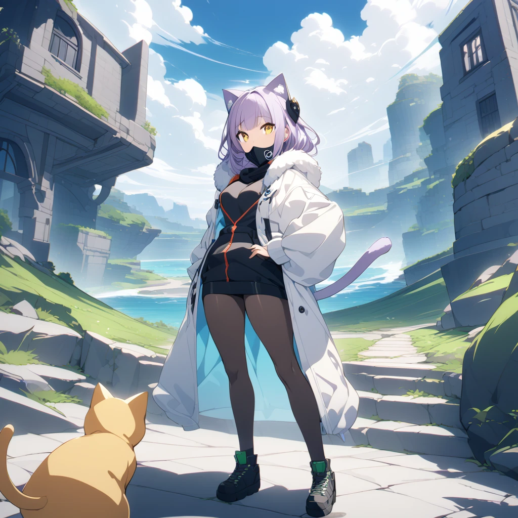 score_9, score_8_up, score_7_up, source_anime, solo, Nekomata, from Shin Megami Tensei. stone steps with a view of the sea, yellow cat eyes, black mask, cat tail and very short white fur jacket, tight all-over black tights under short white fur jacket, cat claws, Brown Hair, one-side-parted hair, anthropomorphic female cat, digital colorful landscape, leading to a beautiful view. Seductive female-panther pose, Toon Shader Rendering, 2D illustration, kanekostyle, Stylish graphic design, by Kazuma Kaneko