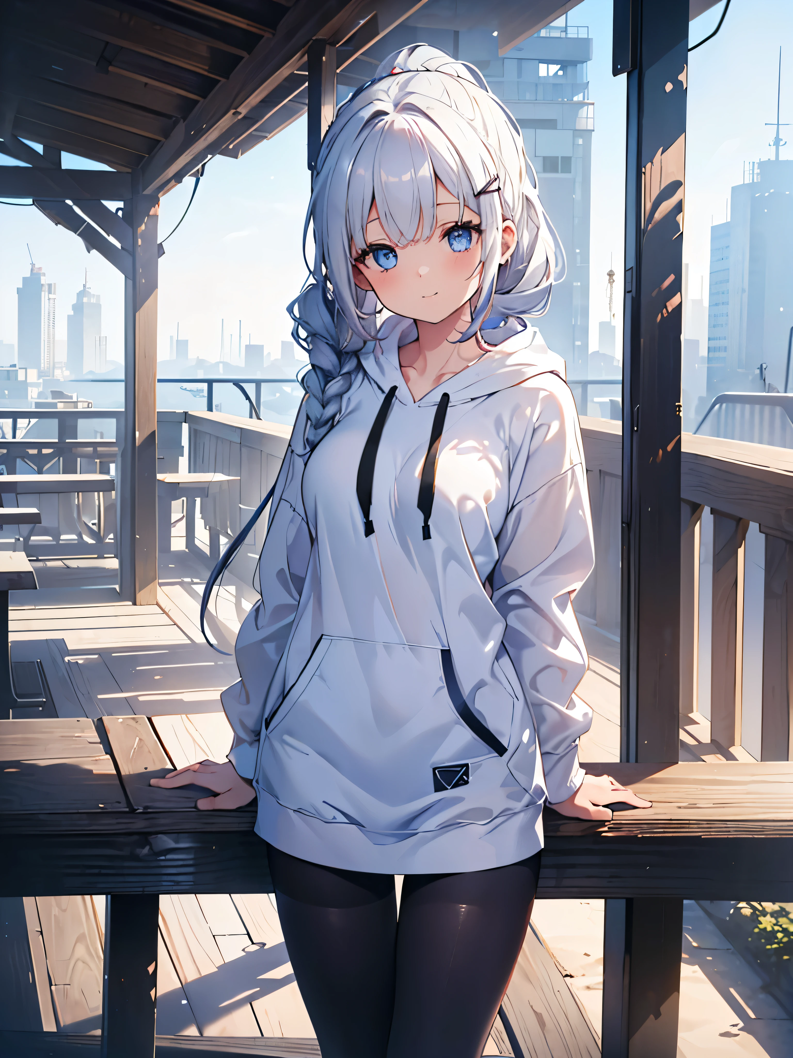  one girl , Curly Ponytail, smile,  blue eyes , Wear a white hoodie, (terrace）, (（morning）), masterpiece, 8k,  Full Photo, The perfect outfit,  perfect anatomy, Sharp resolution,  shallow depth of field ,  Soft Shadow ,  casual and relaxed atmosphere , Natural light pours in, Hair clip, Beautiful breasts、Black tights、20 years old