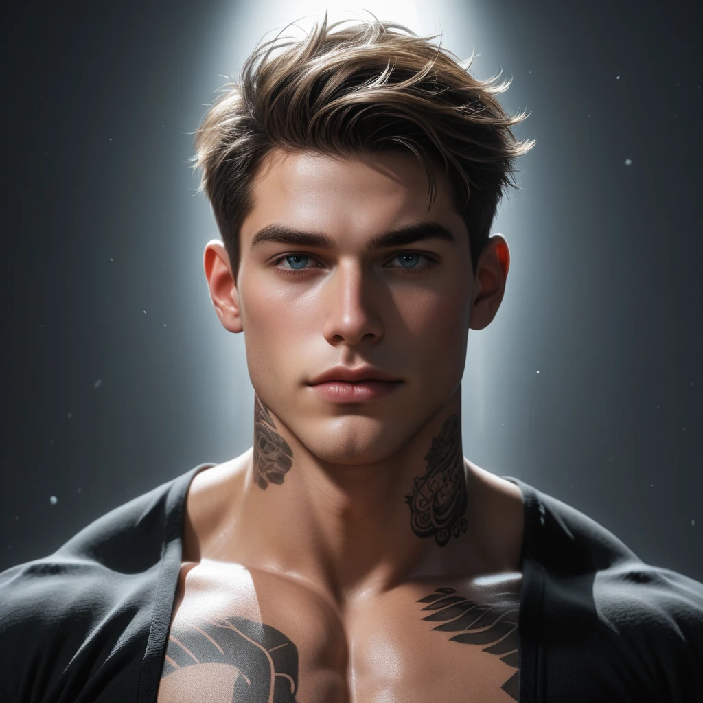 8k, cara hermosa, realista, (Iluminación natural:iluminación de estudio:0.5), ambiente sofisticado y elegante, a handsome and young man, around 19 years with tattoos all over his arms, tattos on his ches, detailed facial features, muscular body, muscular man, confident and arrogant pose, wearing gyms clothes, photorealistic, 8k, cinematic lighting, chiaroscuro lighting, dramatic lighting, dramatic pose, serio us expression, moody atmosphere, warm color tones