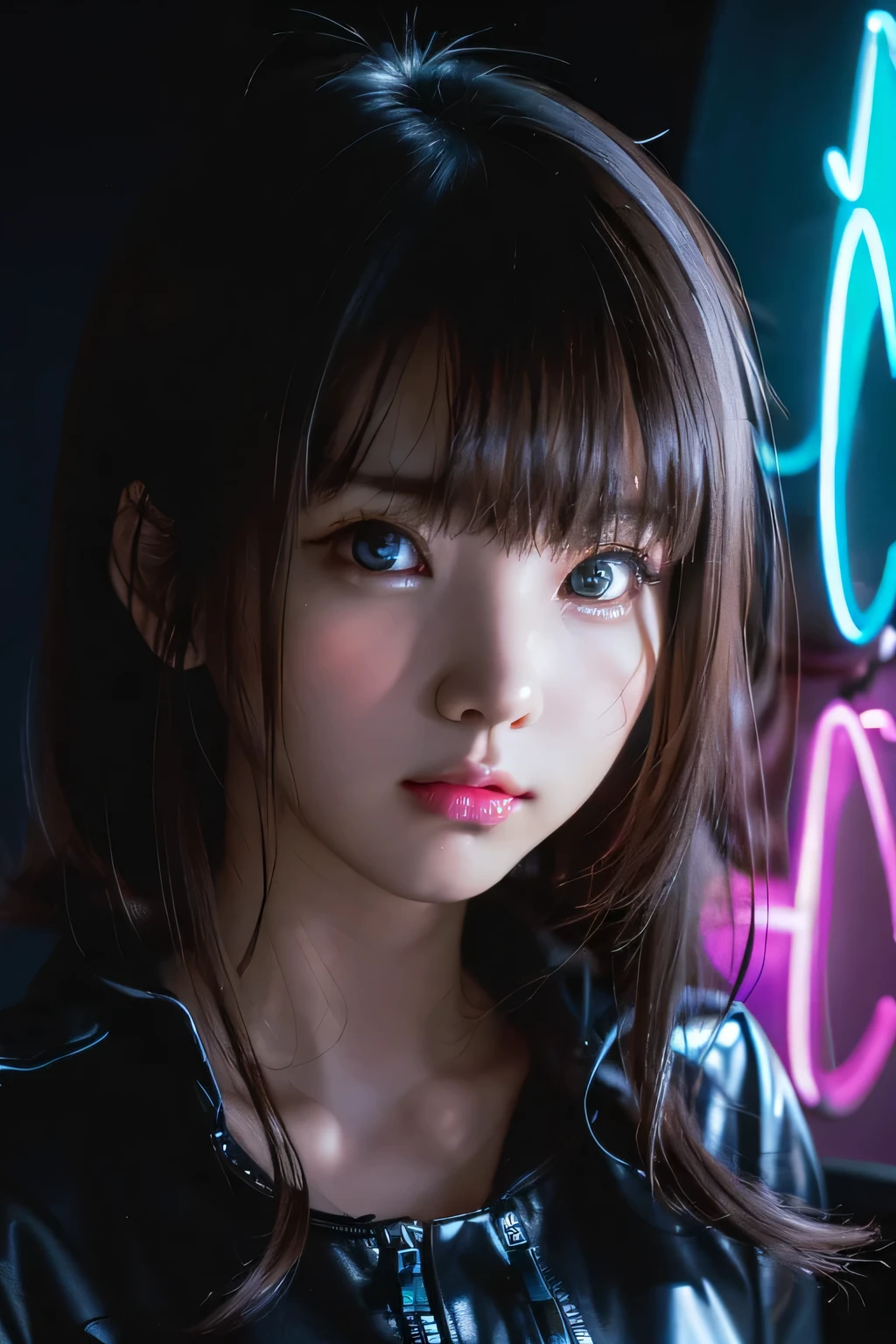 (Chiaroscuro:1.3)、(Glowing neon lights and silhouettes:1.3)、(Low Contrast)、ultra realistic photo、(8k、masterpiece、Best Quality、 highest resolution、 low contrast )、((Face Shot))、( girl、solo、cute、 idol face)、Windbreaker、In the Dark