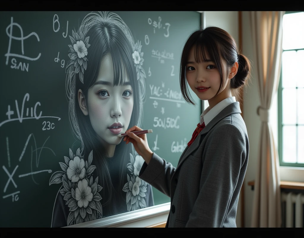 ultra-realistic, photorealistic, dramatic scene, shadow, global-illumination, solo, (20 years old Japanese famous idol girl:1.5), very beautiful fragile Japanese girl, very beautiful with very cute but boyish cool face, she is Japanese high school student, (wearing a gray colored Japanese high school cute uniform of white shirt with blazer and skirt, red ribbon:1.2), at high school classroom, She draws very realistic self-portraits with flowers on a large blackboard using only chalk, holding a chalk, window with curtain, A magnificent work using the blackboard as a canvas, many difficult integral formulas for mathematics are on the blackboard, looking back and smile