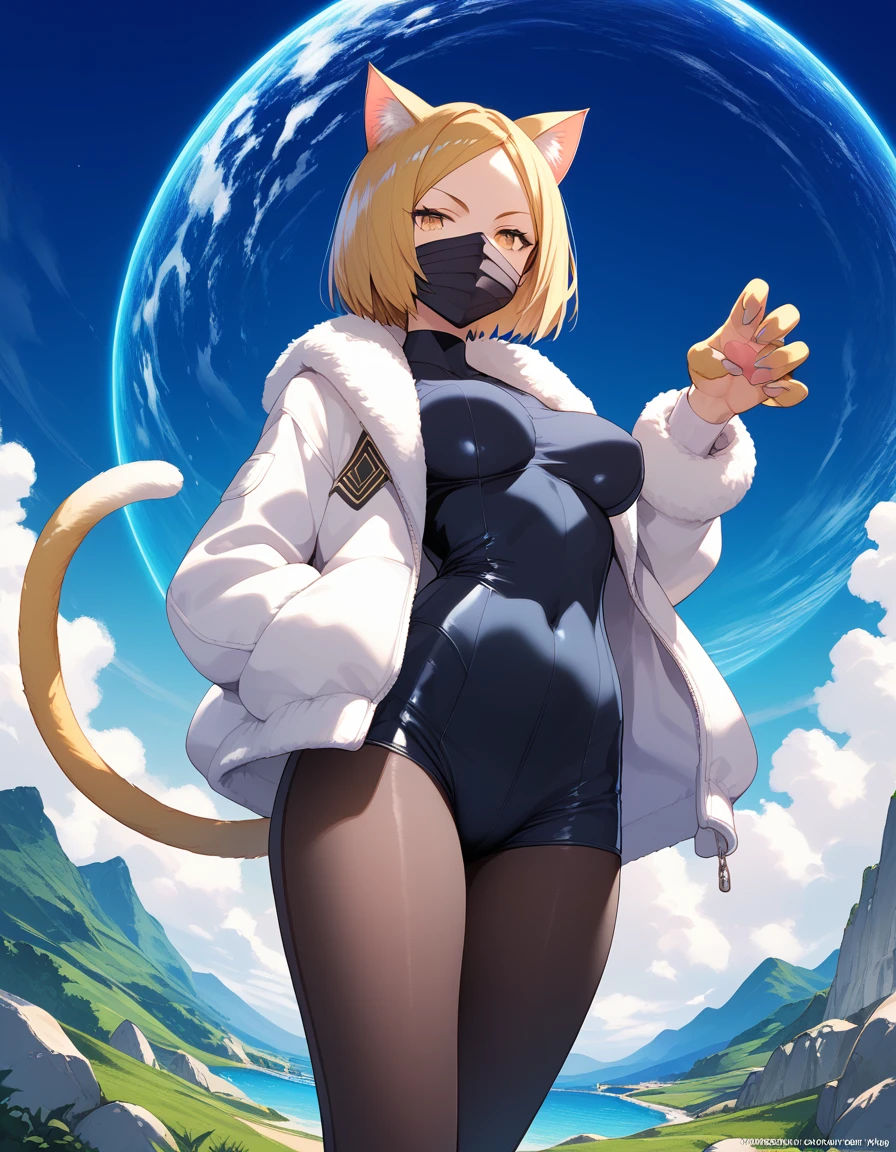 score_9, score_8_up, score_7_up, source_anime, solo, Nekomata, from Shin Megami Tensei. stone steps with a view of the sea, yellow cat eyes, black mask, cat tail and very short white fur jacket, tight all-over black tights under short white fur jacket, cat claws, Brown Hair, one-side-parted hair, anthropomorphic female cat, digital colorful landscape, leading to a beautiful view. Seductive female-panther pose, Toon Shader Rendering, 2D illustration, kanekostyle, Stylish graphic design, by Kazuma Kaneko