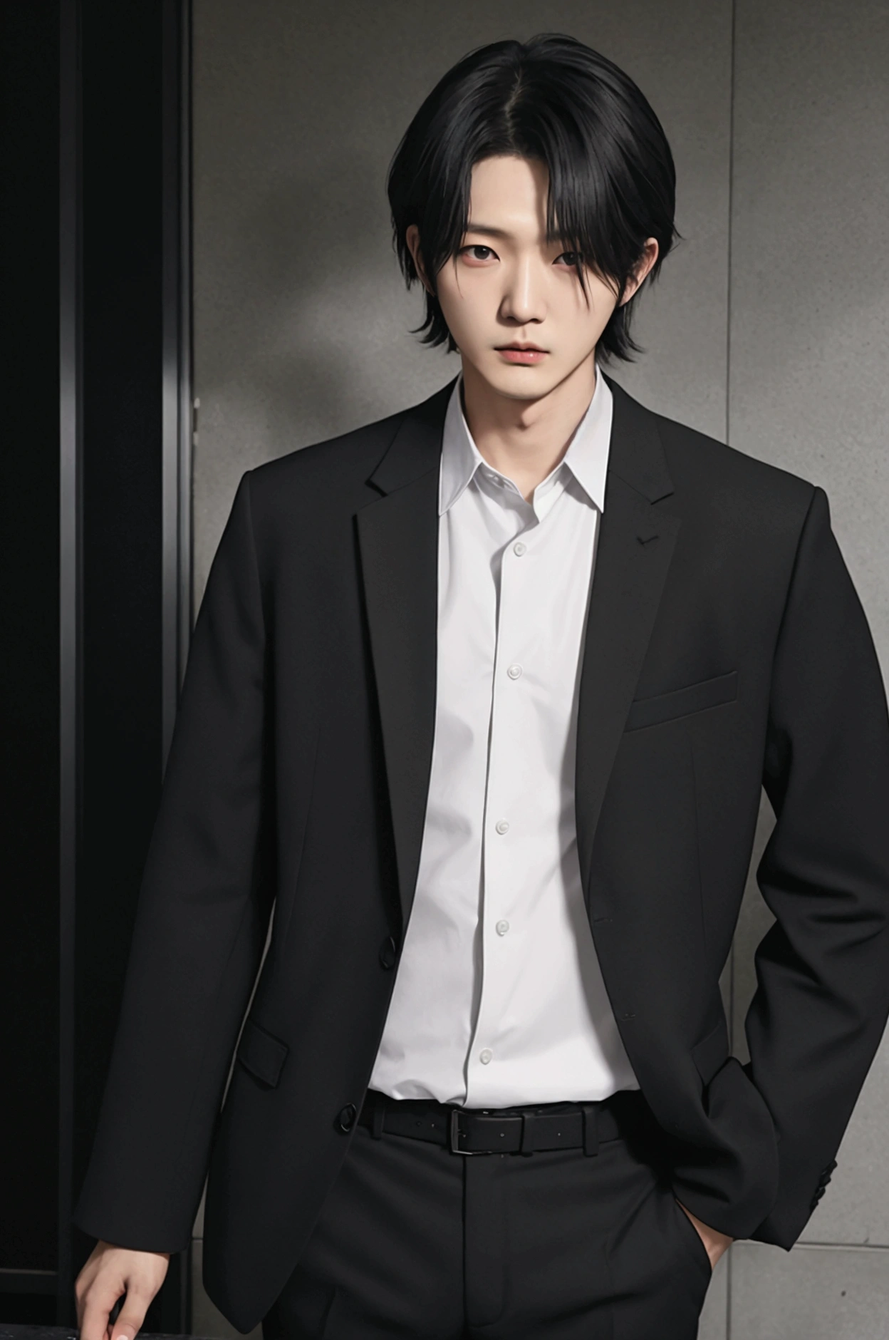 An anime character, Bblack hair, black mascara, in a suit