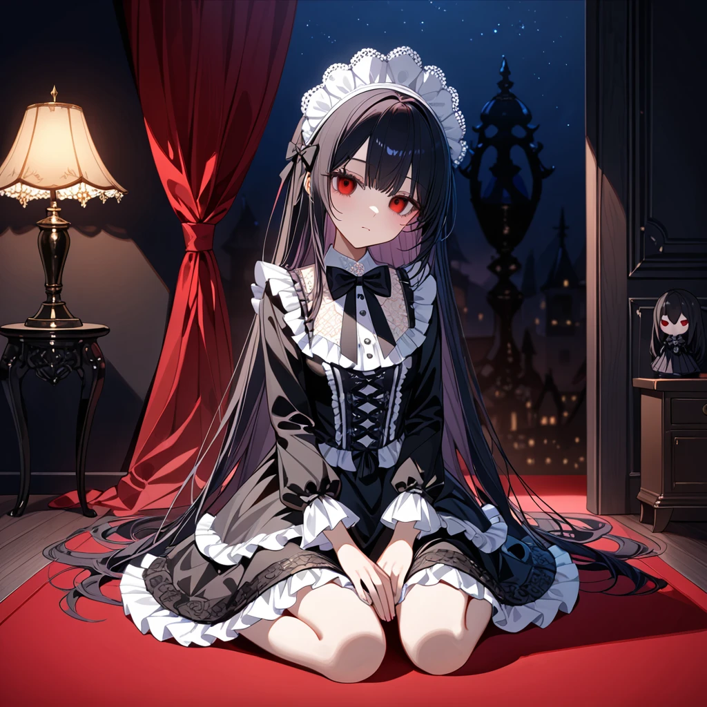 Digital artwork of a doll girl sitting in a corner of a small dark room, 1 doll girl, red eyes, empty eyes, head tilt, very long hair, jet black hair, Braided, frills decoration clothes, headdress, gothic costume, gothic outfit, A bow tie, sitting, wariza, Red carpet, lamp, midnight, upper body, A dark room, masterpiece, best quality, ultra detailed, intricate detailed, highly detailed skin