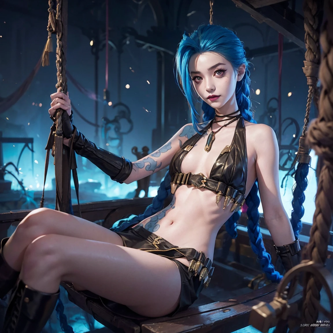  She represents Jinx from 'Arcane' in a seductive and provocative pose ,   sitting on a swing in a garden, Neoromanticism, Rococo , by Takeuchi Seihō , Anime girl, Full Art, ilustración de Full Art, official art,  illustration of an official character 