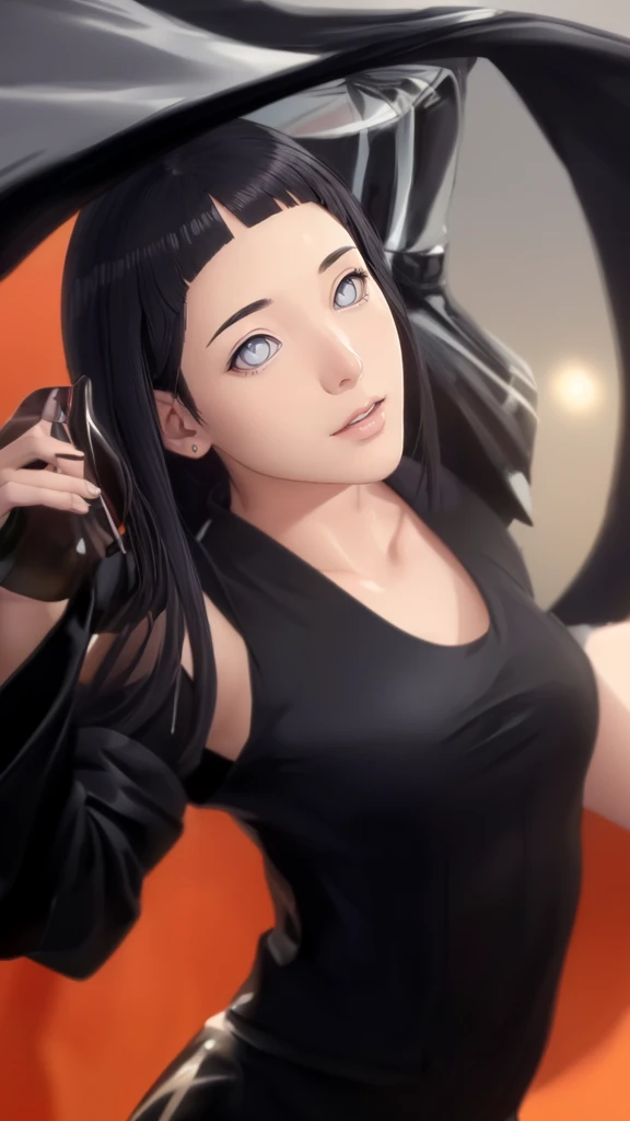 (（（figure，御姐figure,White and tender skin,（（（ Black dress ）））,(（（hyuugahin,hyuugahin,Hinata\(boruto\),hyuugahin, "black long hair", blue eyes,blunt bangs，Lipstick））),，((masterpiece)), highres icon,((Best quality at best)),masterpiece,quality,Best quality,(（（  to the audience,Light in the eyes，Smile，confidence）））,）））