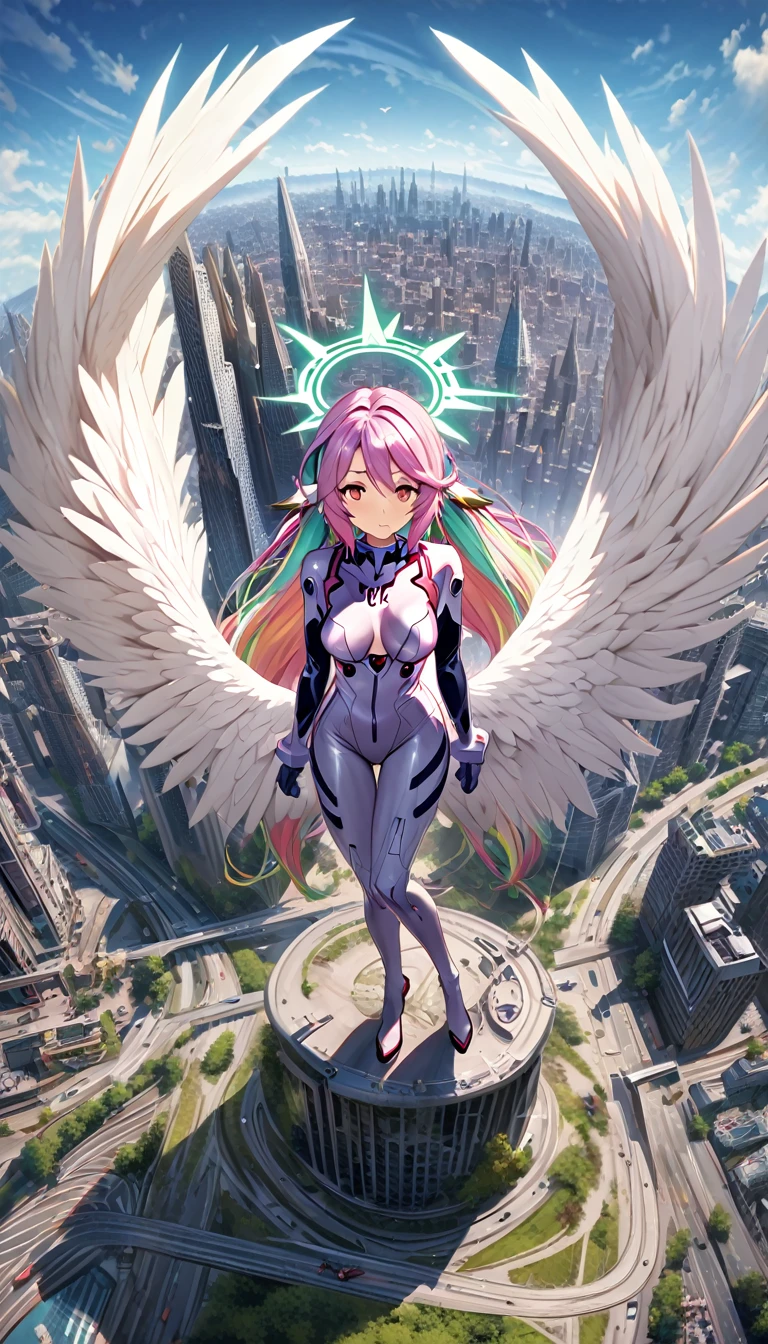 jibril,(big breast),(big white wing),(angel wing),(glamorous),full body,(girl towering over miniature city),front view,plugsuit,latex bodysuit,shiny bodysuit,colorful hair,halo,sharp focus,extremely detailed CG,expressionless,realstic,(mechanical ear),standing,road,[[bird-eye's view]]