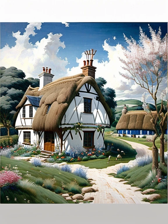  traditional house painting in medieval England 、Fairy tale、Vivid picture、Bright white house 、 The contrast between the brown and white walls in the timber frame is beautiful。English thatched cottages、Flowers surrounding the house 々、 The hill that extends beyond the backyard 、 I can see sheep the size of a sesame seed in the distance。 Bright Blue Skies 