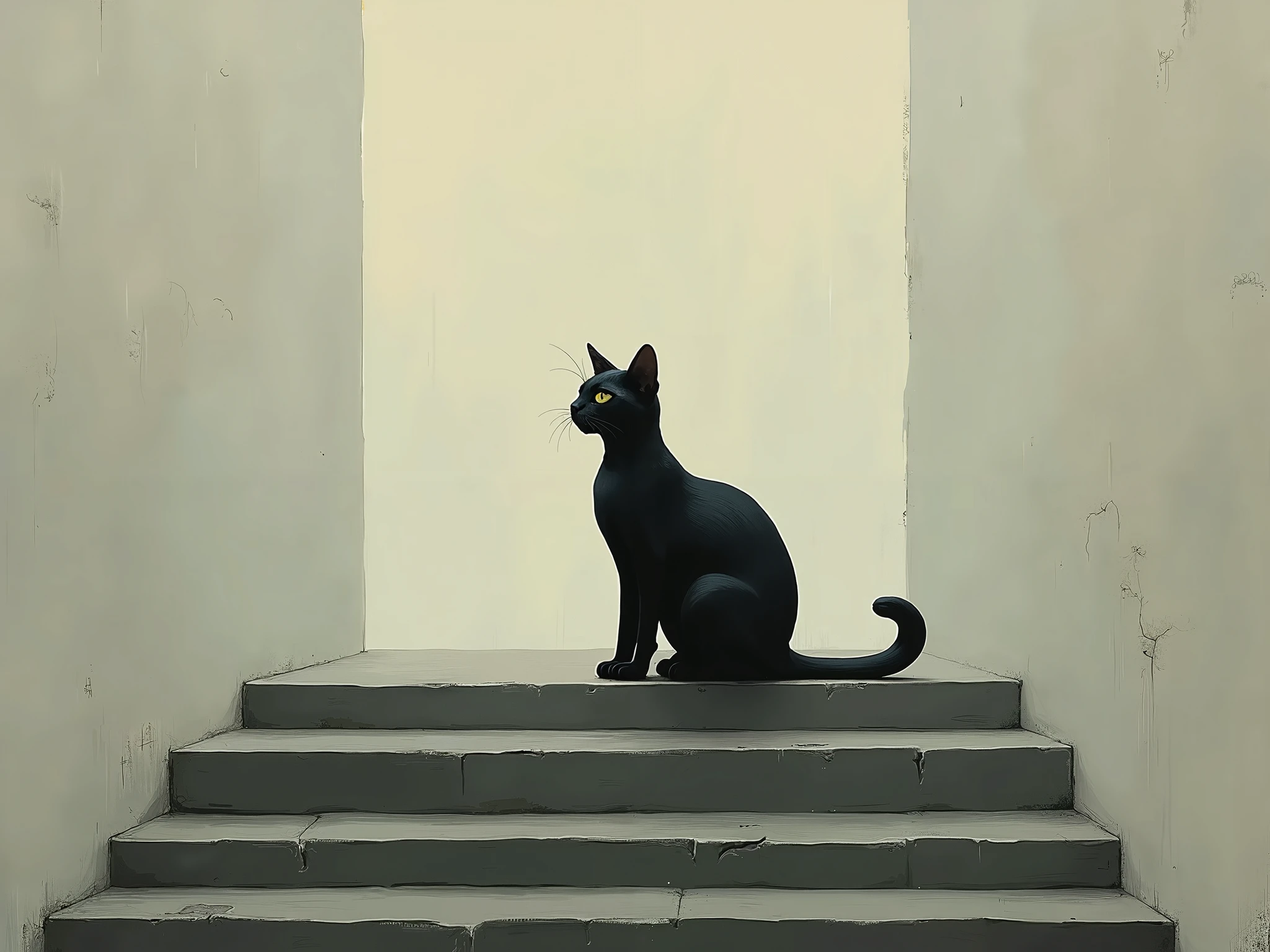 ((The cat on the stone steps)) against a dirty gradient background, minimalism:1.3, the combination of ren's applications and oil painting, (modern art):1.4, surrealism:1.3, the absurdity:1.5