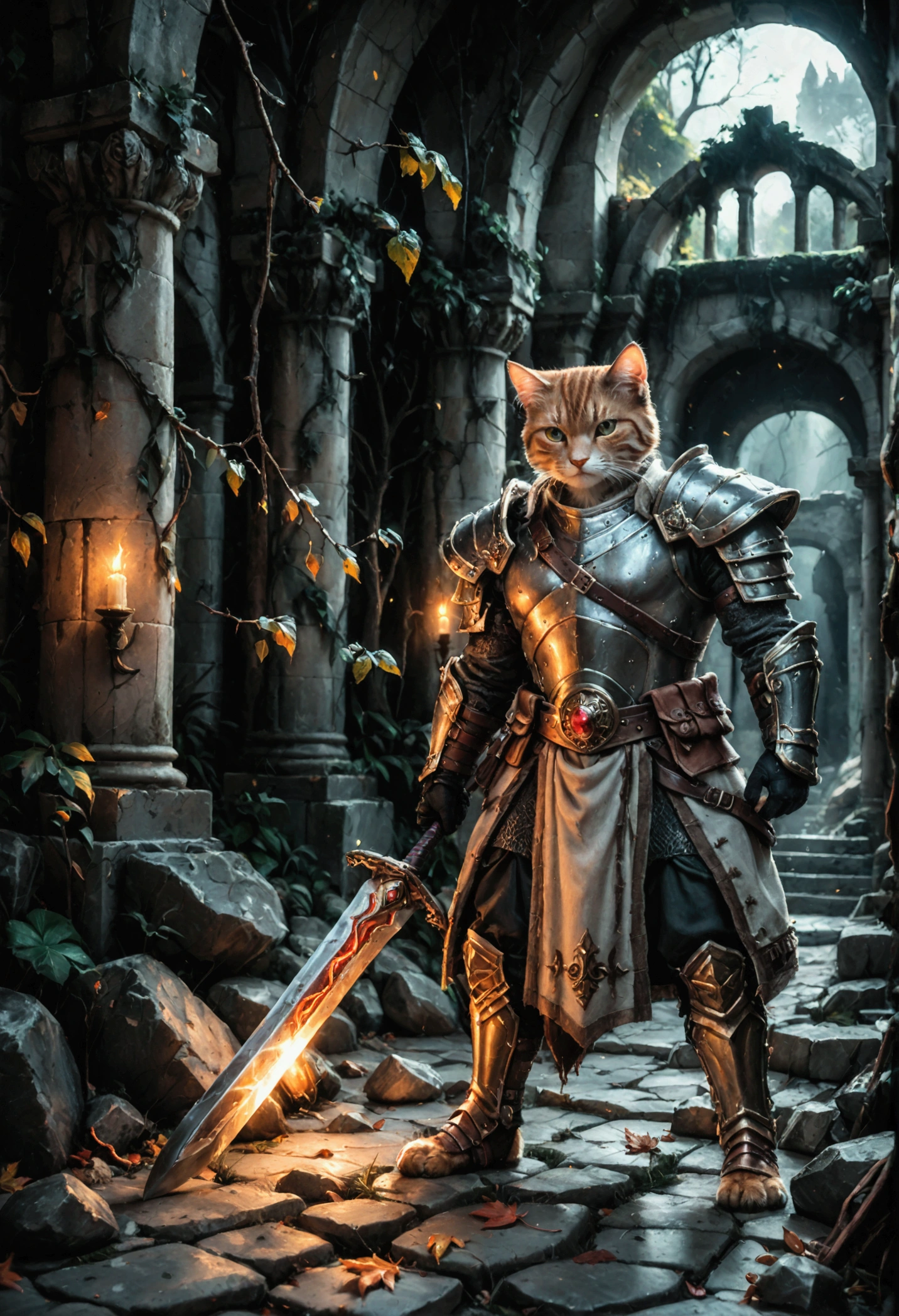 A cat in ornate silver armor with emerald accents, holding a gleaming, oversized sword, the cat's eyes glowing fiercely, standing in a battle-ready stance, in a way of stone steps, surrounded by fallen leaves and ancient stone ruins, dim light filters through a canopy of trees, creating a mystical and ancient atmosphere, the scene conveys a sense of courage and determination, Illustration, digital painting with detailed textures and soft lighting