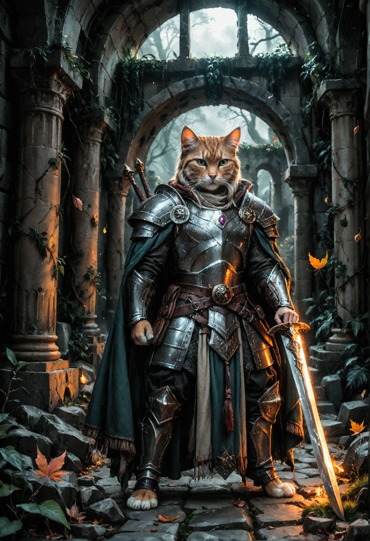 A cat in ornate silver armor with emerald accents, holding a gleaming, oversized sword, the cat's eyes glowing fiercely, standing in a battle-ready stance, in a way of stone steps, surrounded by fallen leaves and ancient stone ruins, dim light filters through a canopy of trees, creating a mystical and ancient atmosphere, the scene conveys a sense of courage and determination, Illustration, digital painting with detailed textures and soft lighting