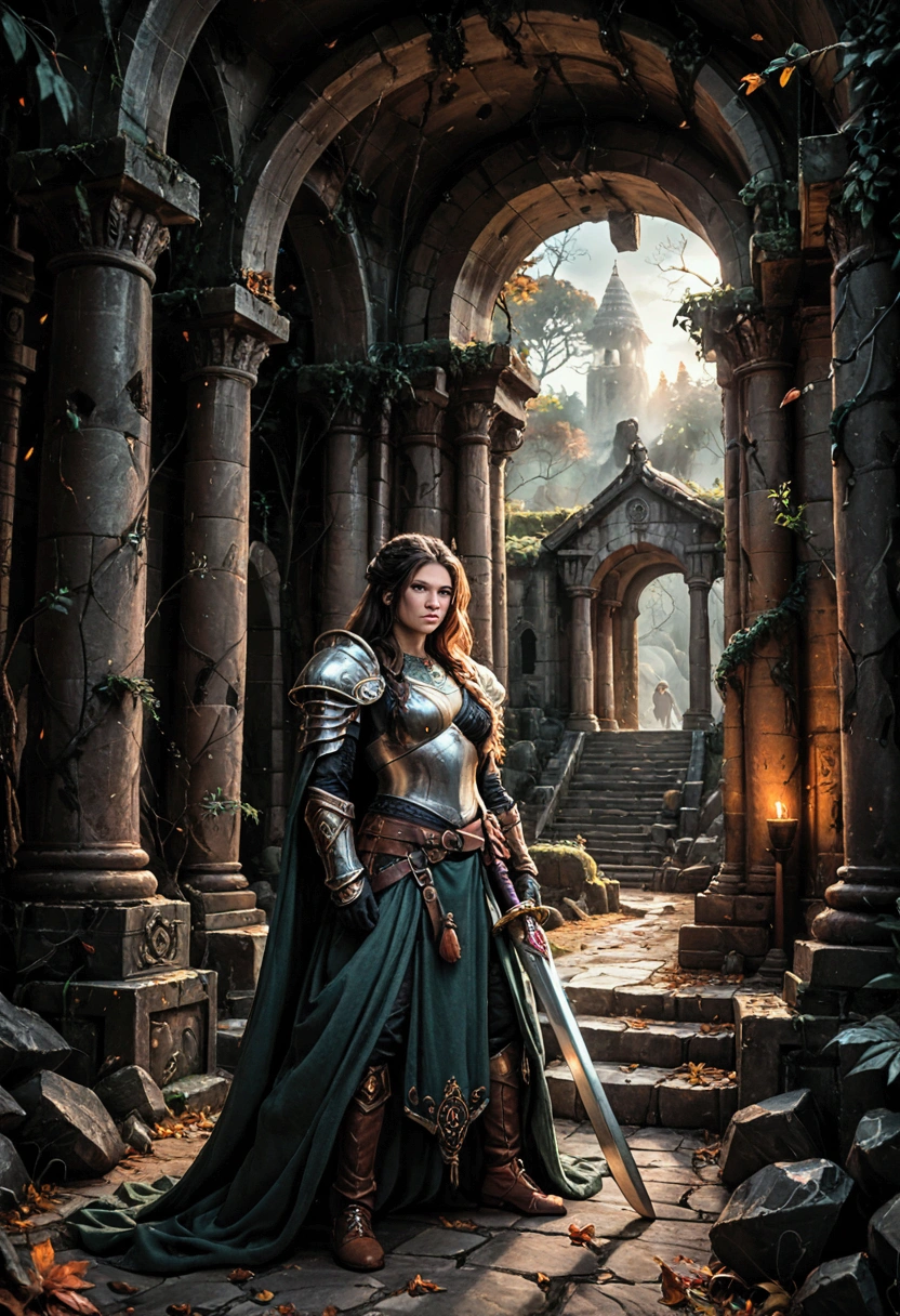 A cat in ornate silver armor with emerald accents, holding a gleaming, oversized sword, the cat's eyes glowing fiercely, standing in a battle-ready stance, in a way of stone steps, surrounded by fallen leaves and ancient stone ruins, dim light filters through a canopy of trees, creating a mystical and ancient atmosphere, the scene conveys a sense of courage and determination, Illustration, digital painting with detailed textures and soft lighting