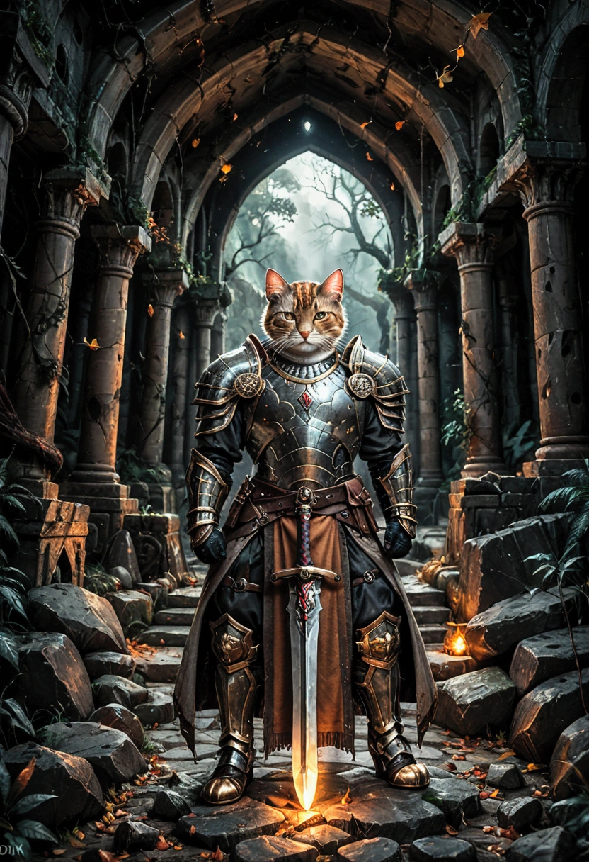 A cat in ornate silver armor with emerald accents, holding a gleaming, oversized sword, the cat's eyes glowing fiercely, standing in a battle-ready stance, in a way of stone steps, surrounded by fallen leaves and ancient stone ruins, dim light filters through a canopy of trees, creating a mystical and ancient atmosphere, the scene conveys a sense of courage and determination, Illustration, digital painting with detailed textures and soft lighting