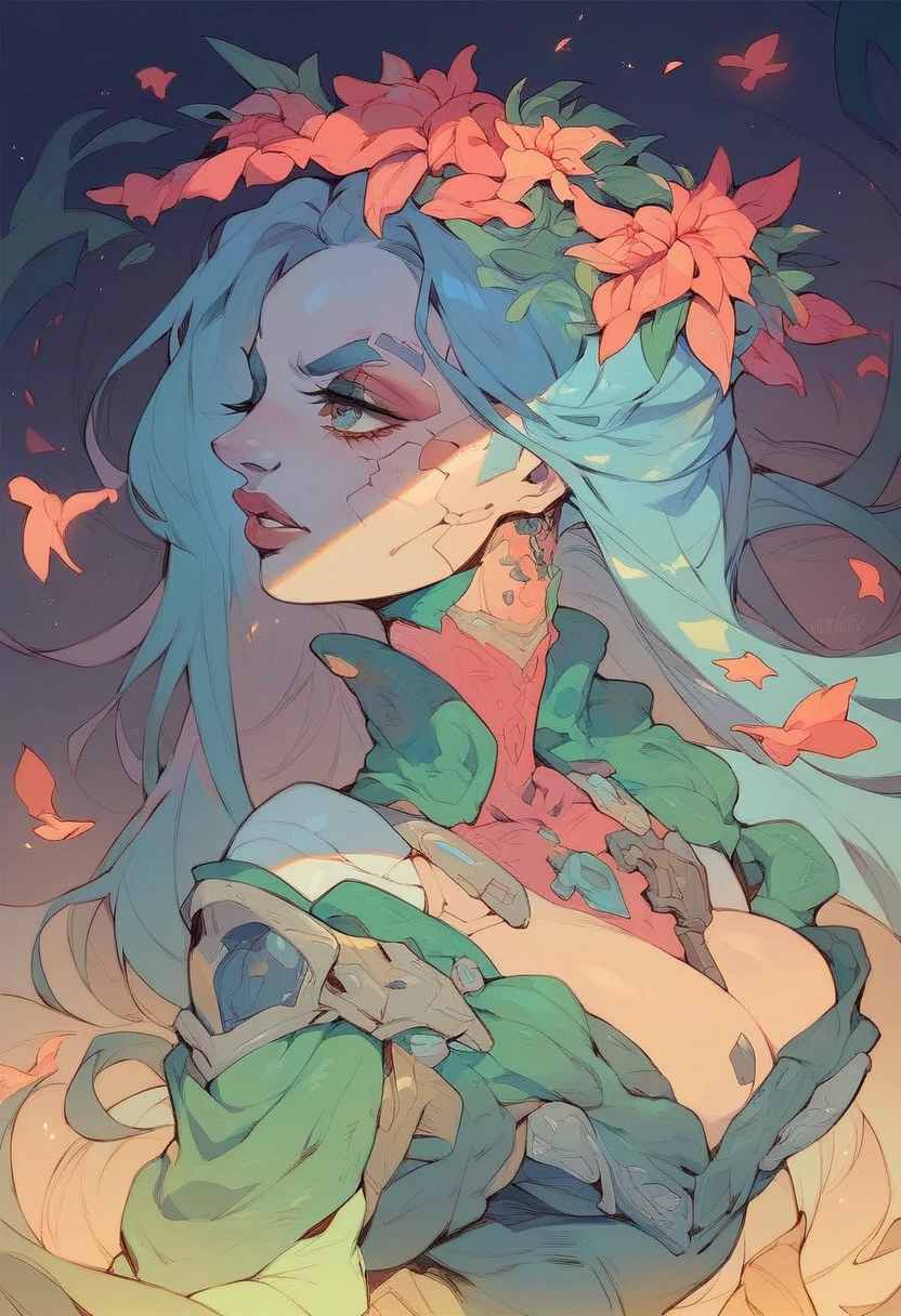 (masterpiece, best quality), intricate details,
odelschwanck, green hair, skull, torn clothes, underboob, skirt,
fantasy00d,
