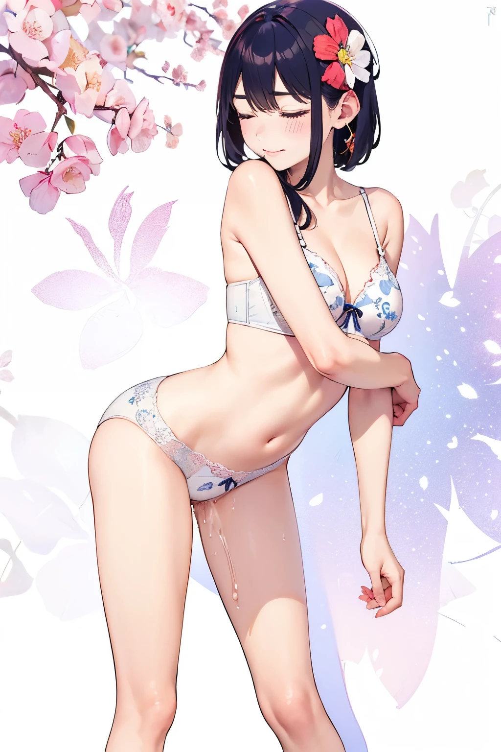 In underwear、(1girl)、(white floral pattern embroidery bra)、Adult body、Beautiful breasts、 high leg、bent over、目が合う、口を大きく開ける、(closed eyes)、(pussy juice)