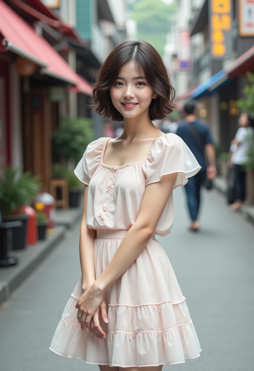              young Japanese woman             , Alone,             HD Download                     , glance ,  解剖学的にAccurate, Best Quality,             HD Download                     , masterpiece, Accurate,  number々Awards,            frill dress    、       small breasts、 slender、photo shoot、 Short Hair、            Curly Hair、     ,      リアル           small breasts 、            skinny、whole body、smile、Around town、       is standing